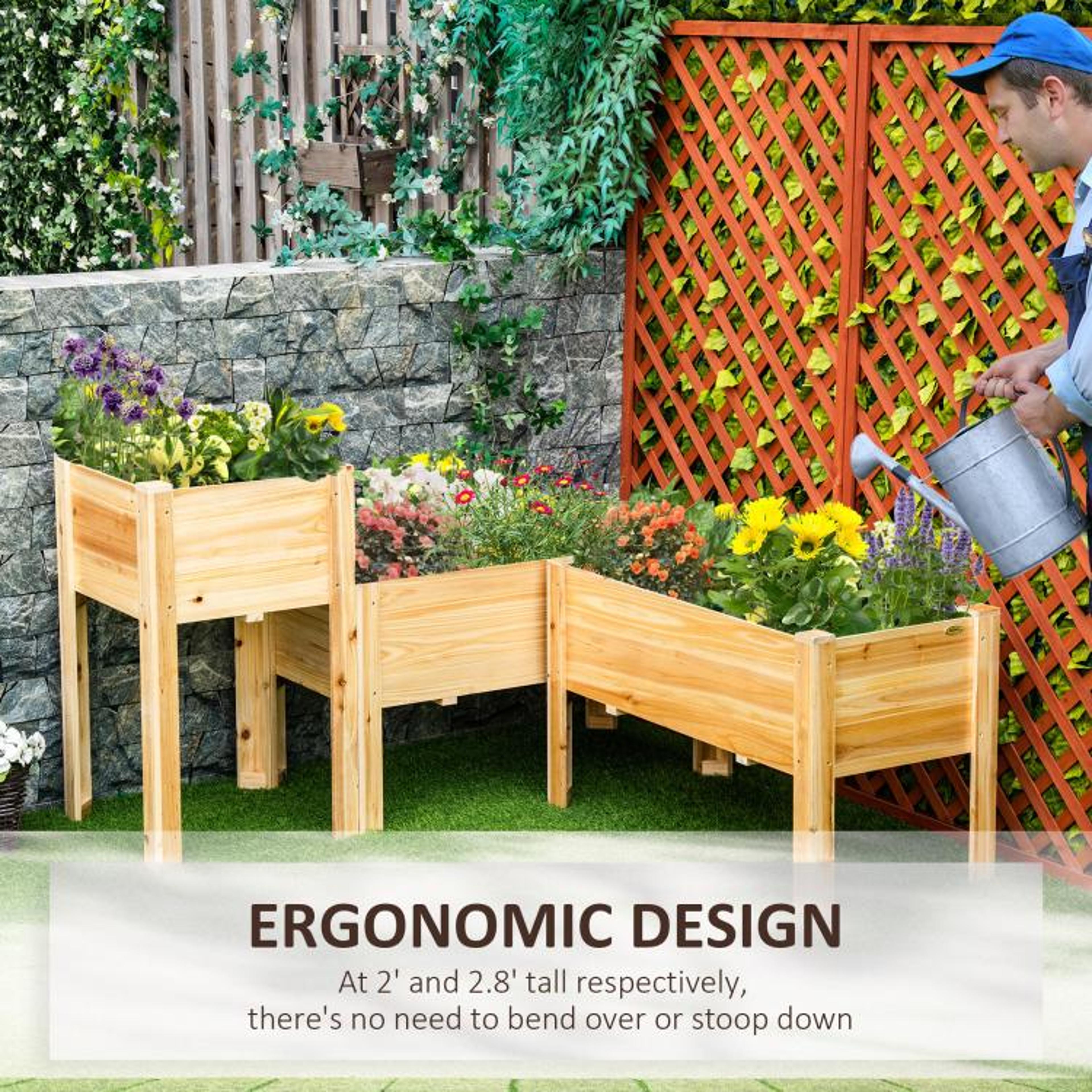 Raised Garden Bed Set Of 3 With Legs And Liners  Natural Fir Wood Planters 5