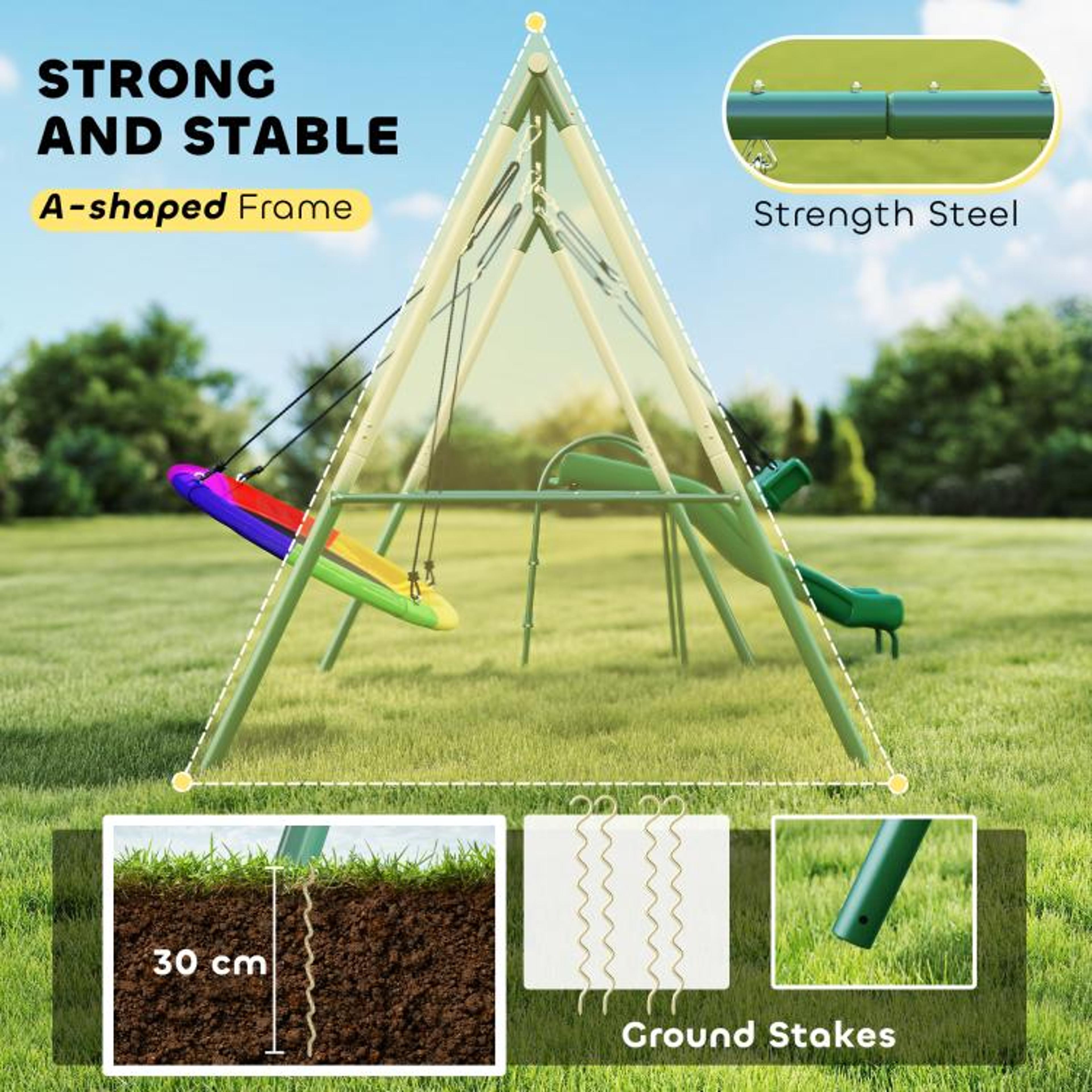Kids Metal Swing Set With Slide And Saucer Swing For Backyard Play 5