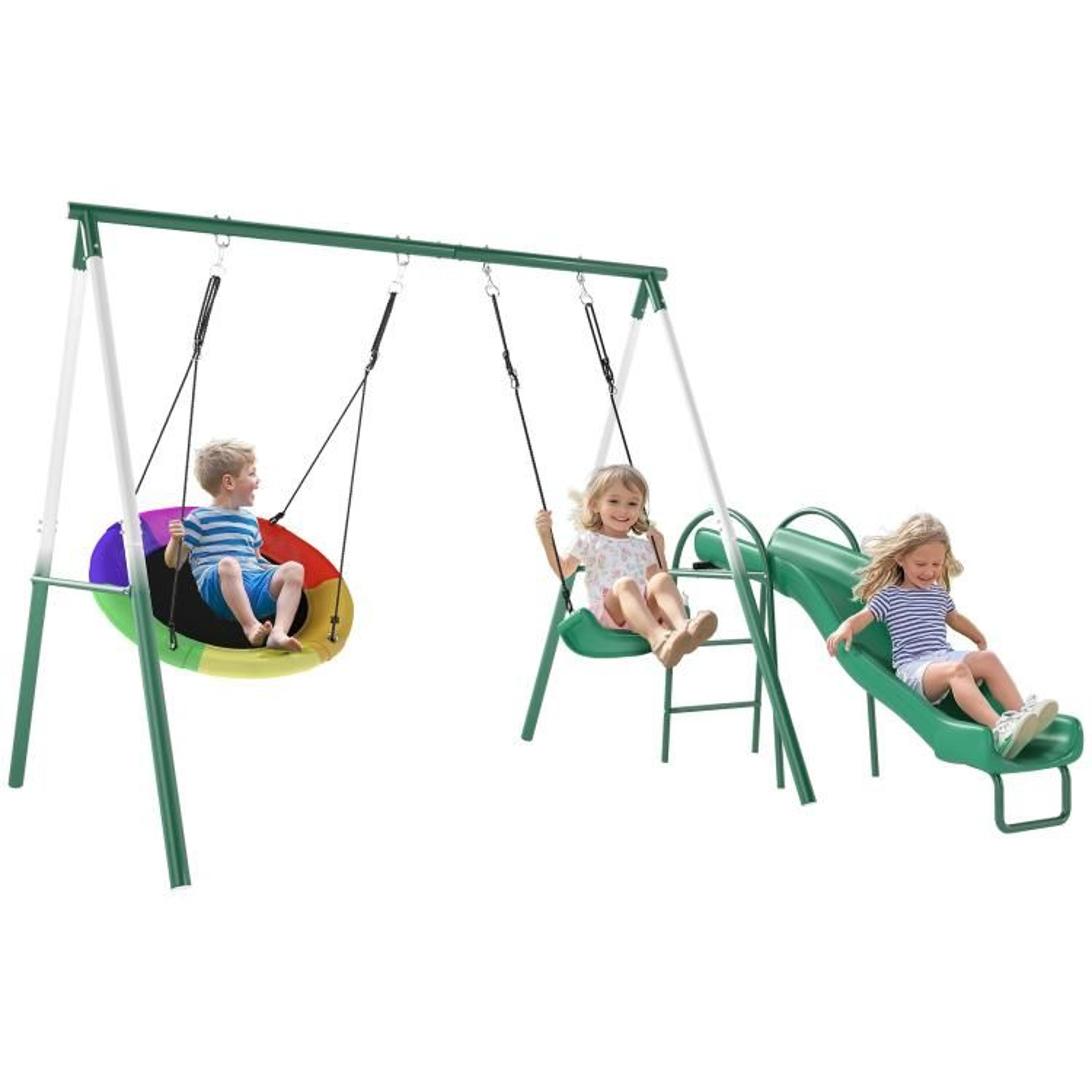 kids metal swing set with slide and saucer swing for backyard play