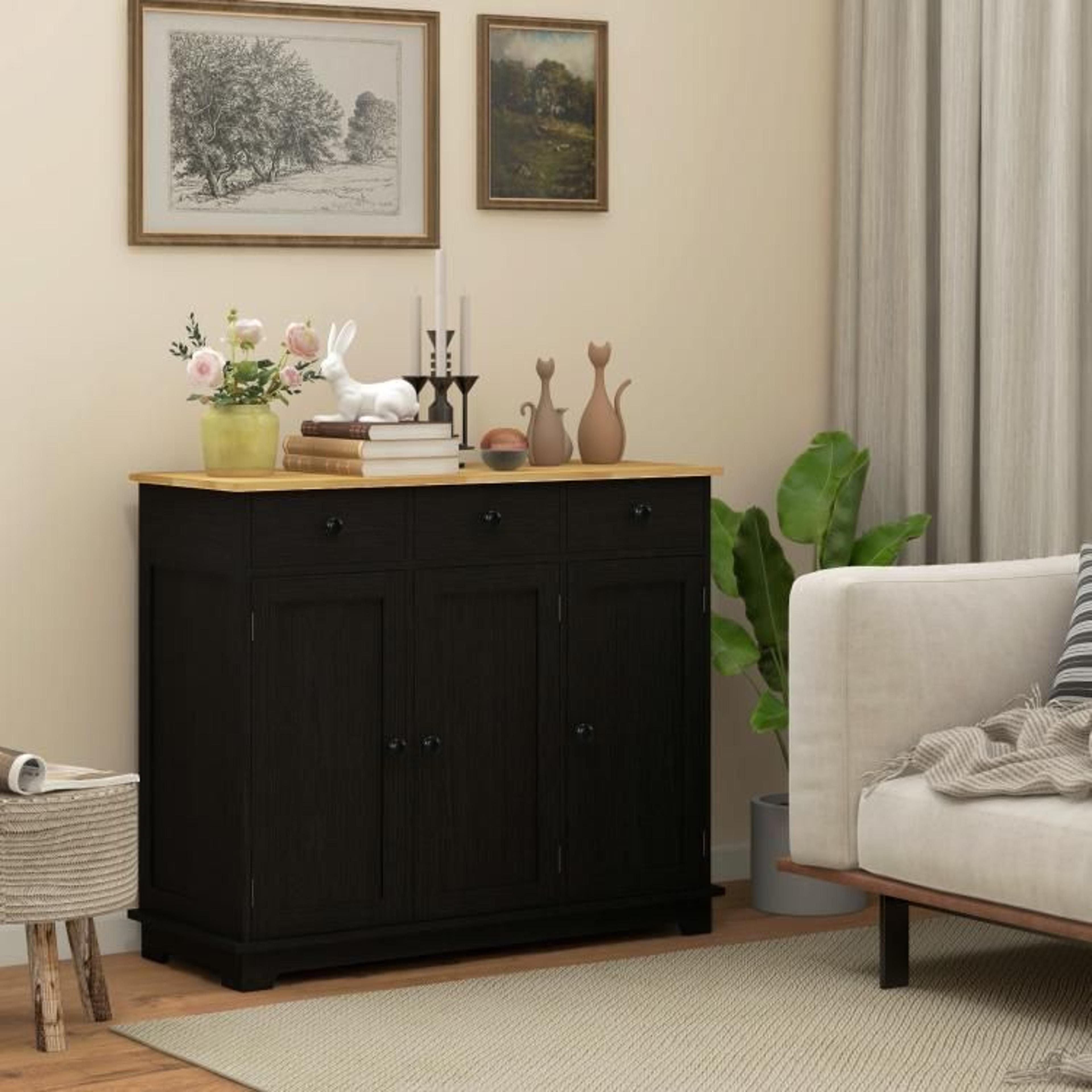 Kitchen Storage Cabinet With Solid Wood Top And 3 Drawers  Black Wood Grain 3