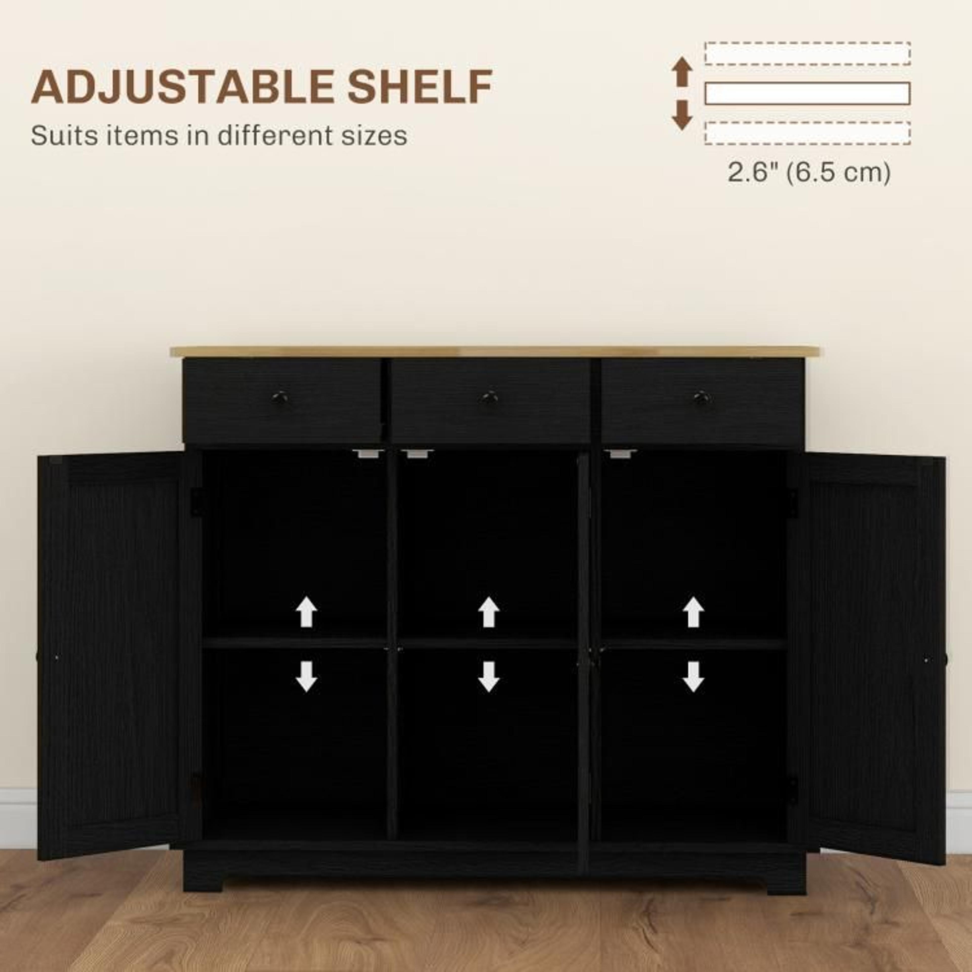 Kitchen Storage Cabinet With Solid Wood Top And 3 Drawers  Black Wood Grain 5