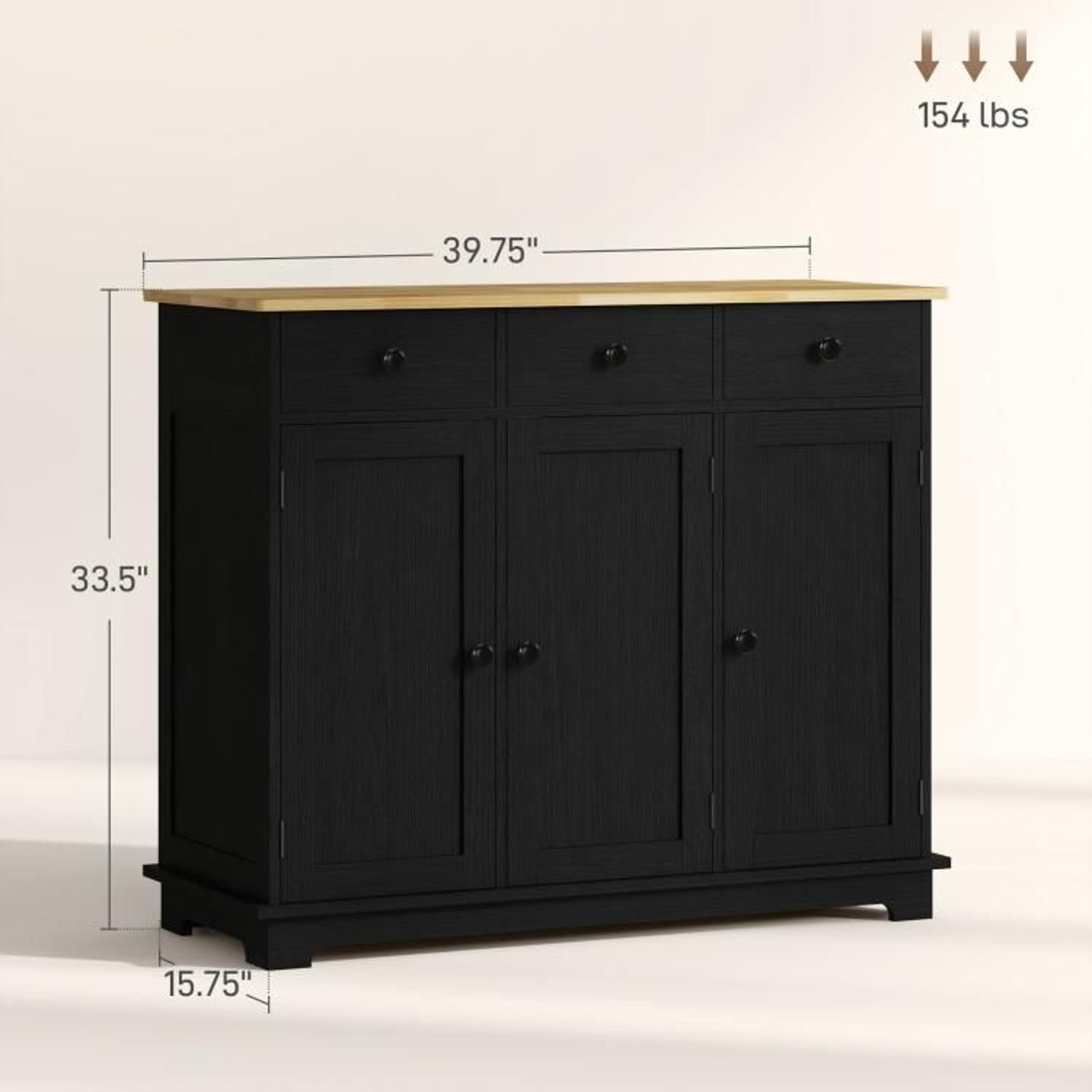 Kitchen Storage Cabinet With Solid Wood Top And 3 Drawers  Black Wood Grain 4