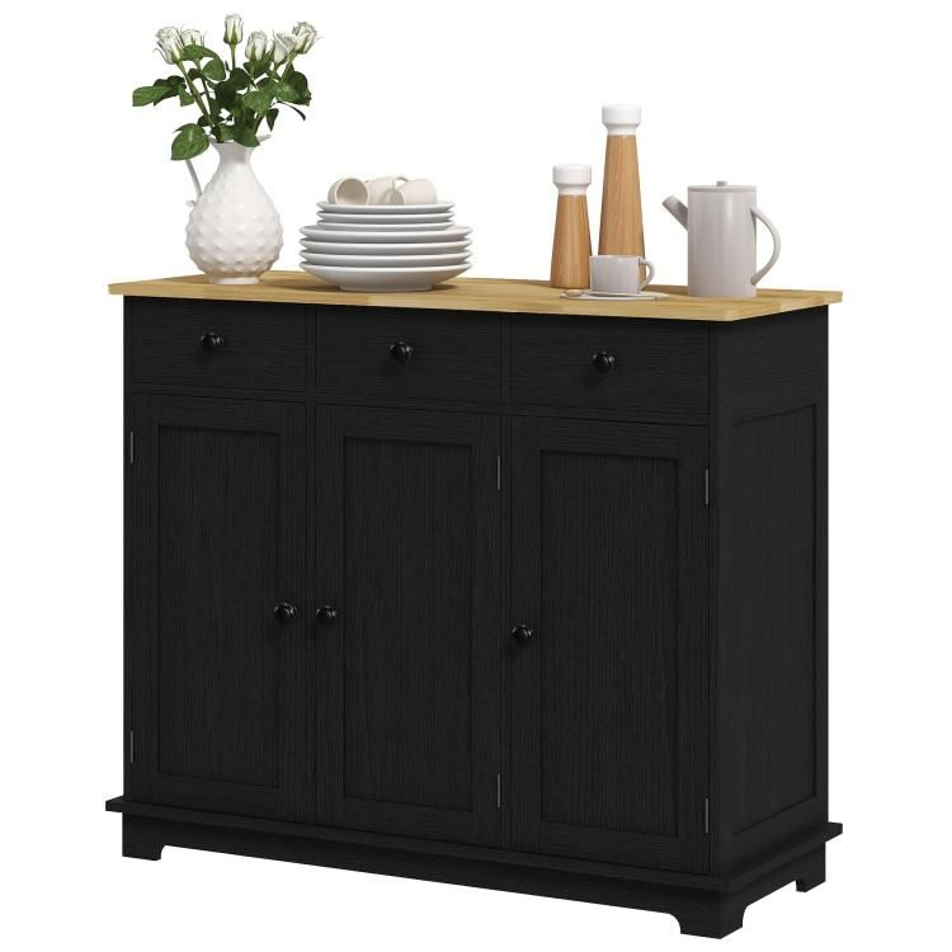Kitchen Storage Cabinet With Solid Wood Top And 3 Drawers  Black Wood Grain 1