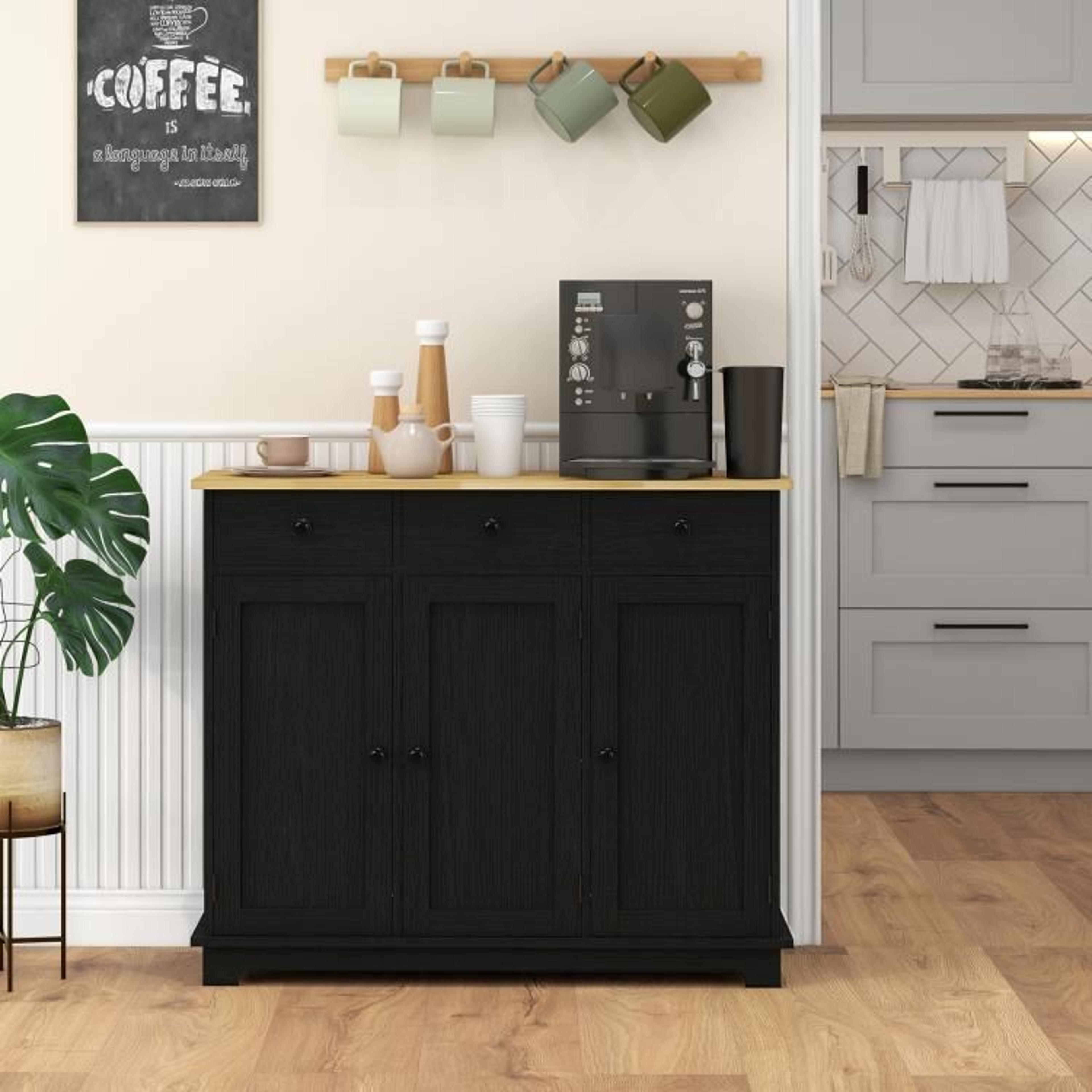 Kitchen Storage Cabinet With Solid Wood Top And 3 Drawers  Black Wood Grain 2