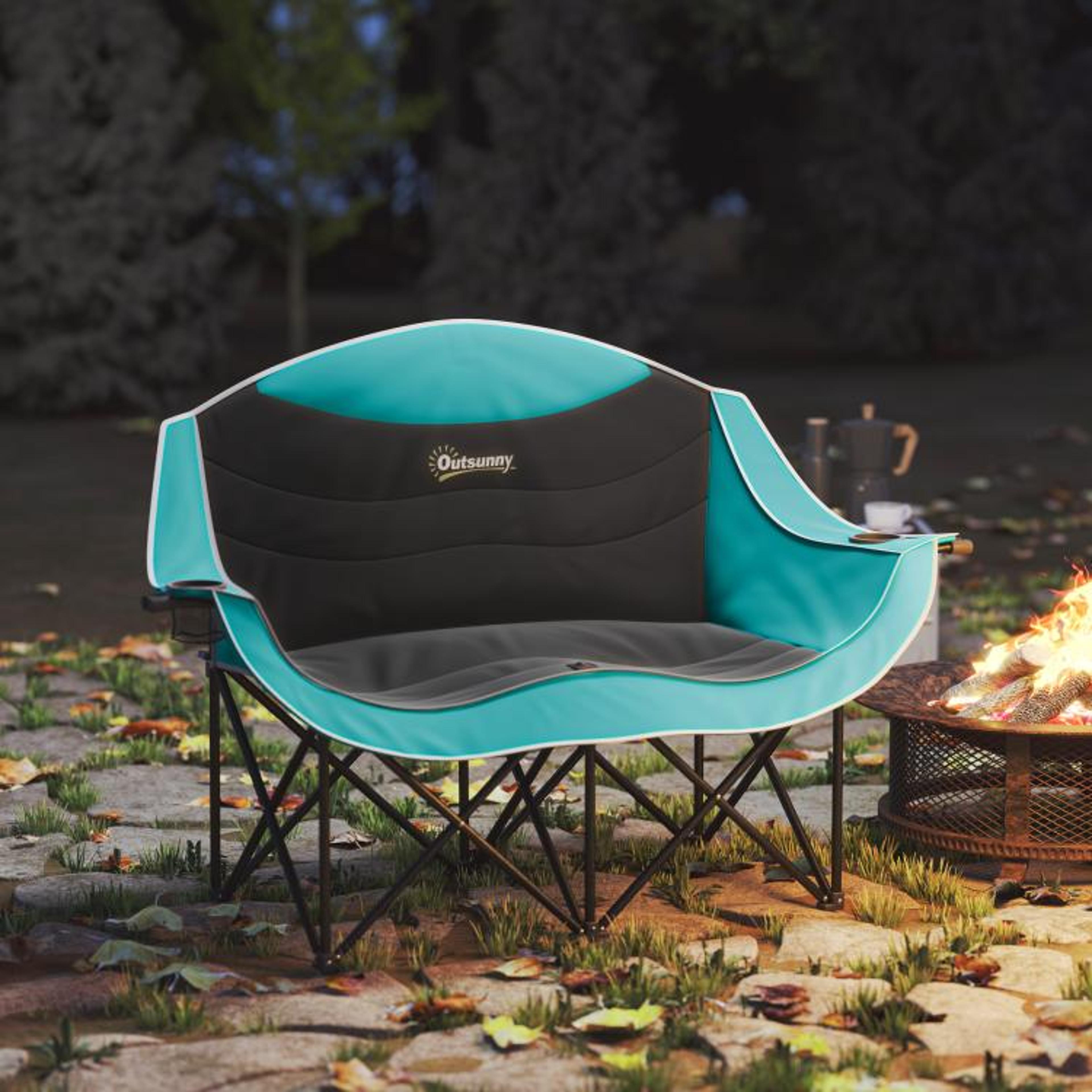 Double Folding Camping Chair With Padded Seats And Cup Holders Green 3