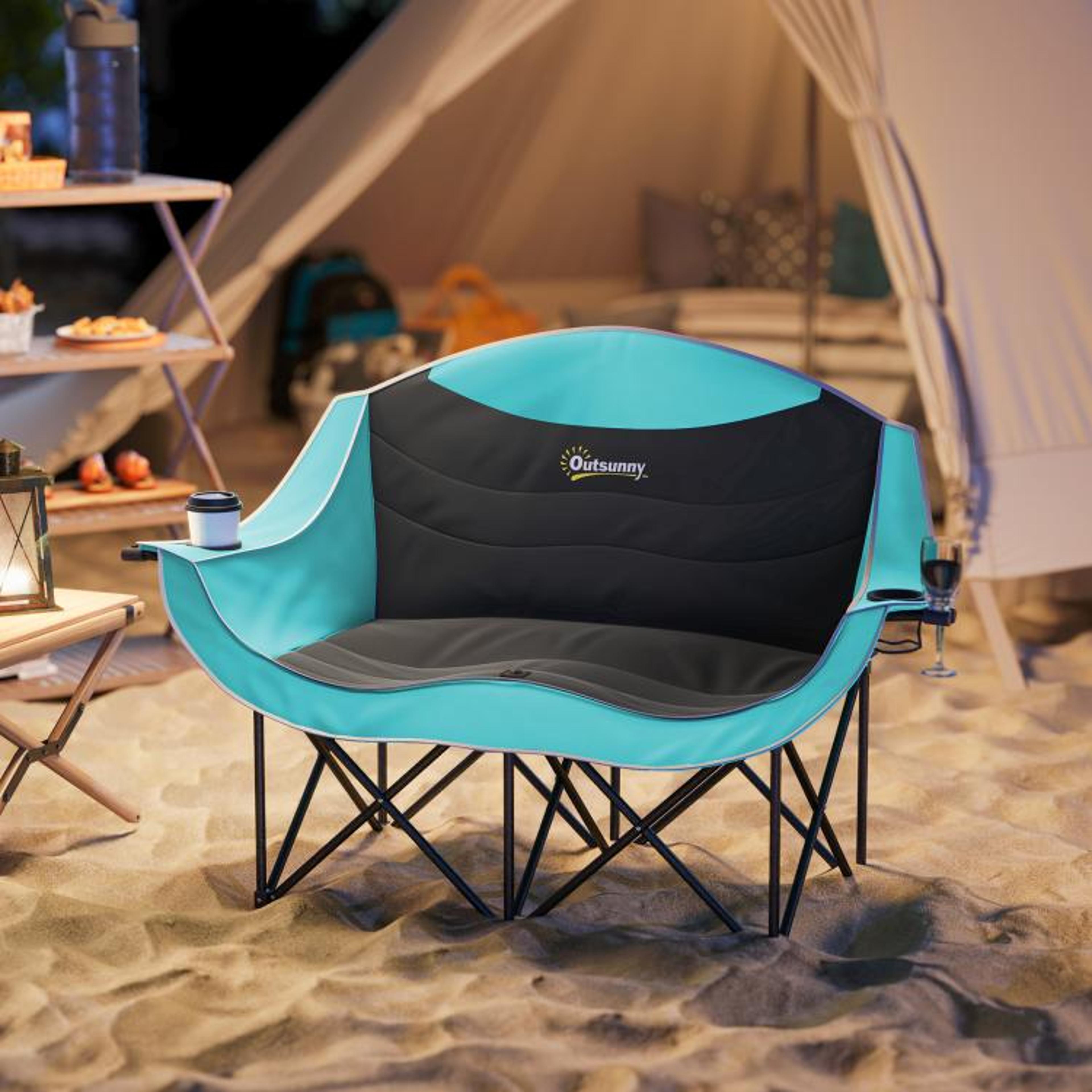 Double Folding Camping Chair With Padded Seats And Cup Holders Green 2