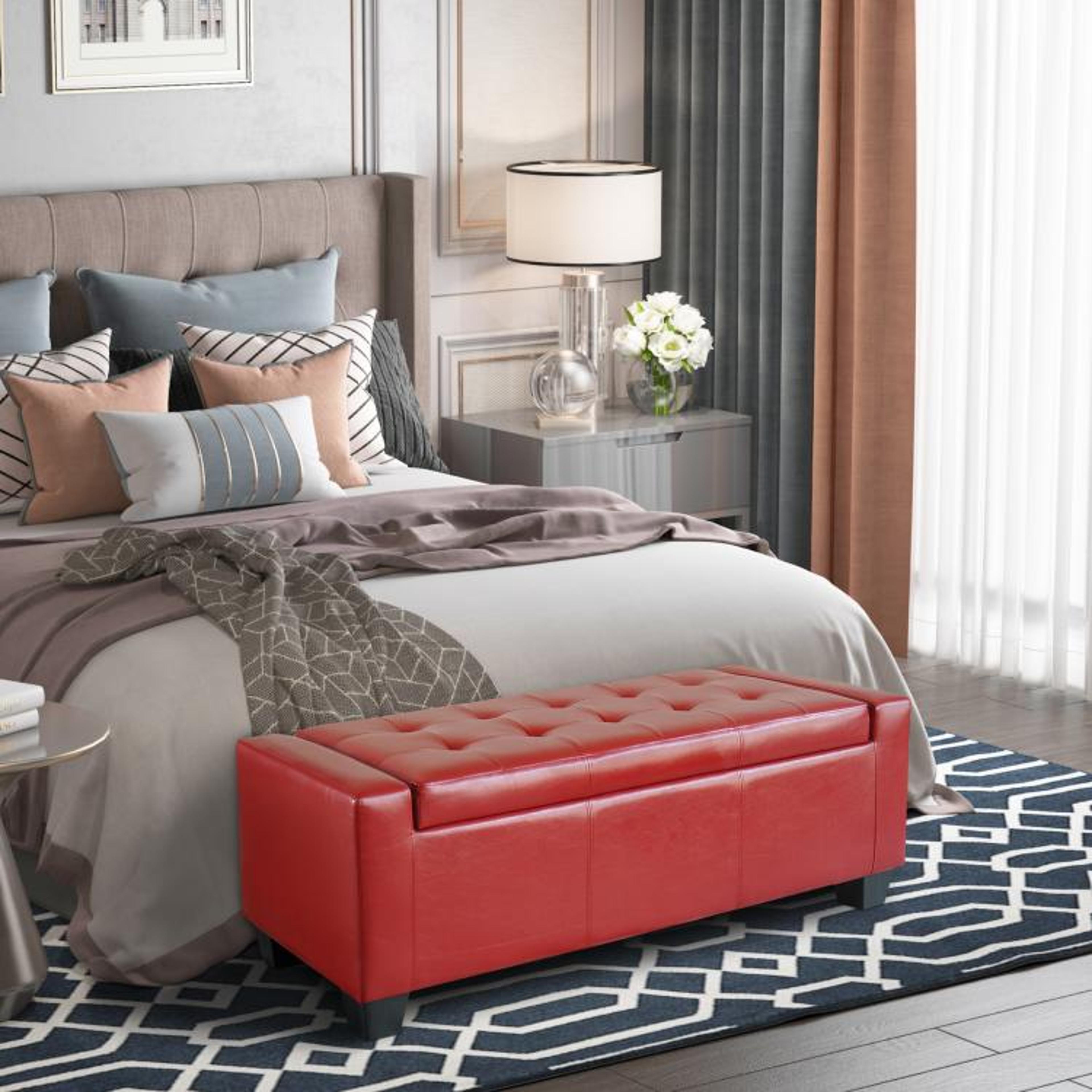 Faux Leather Storage Ottoman Bench With Tufted Seat In Bright Red 3