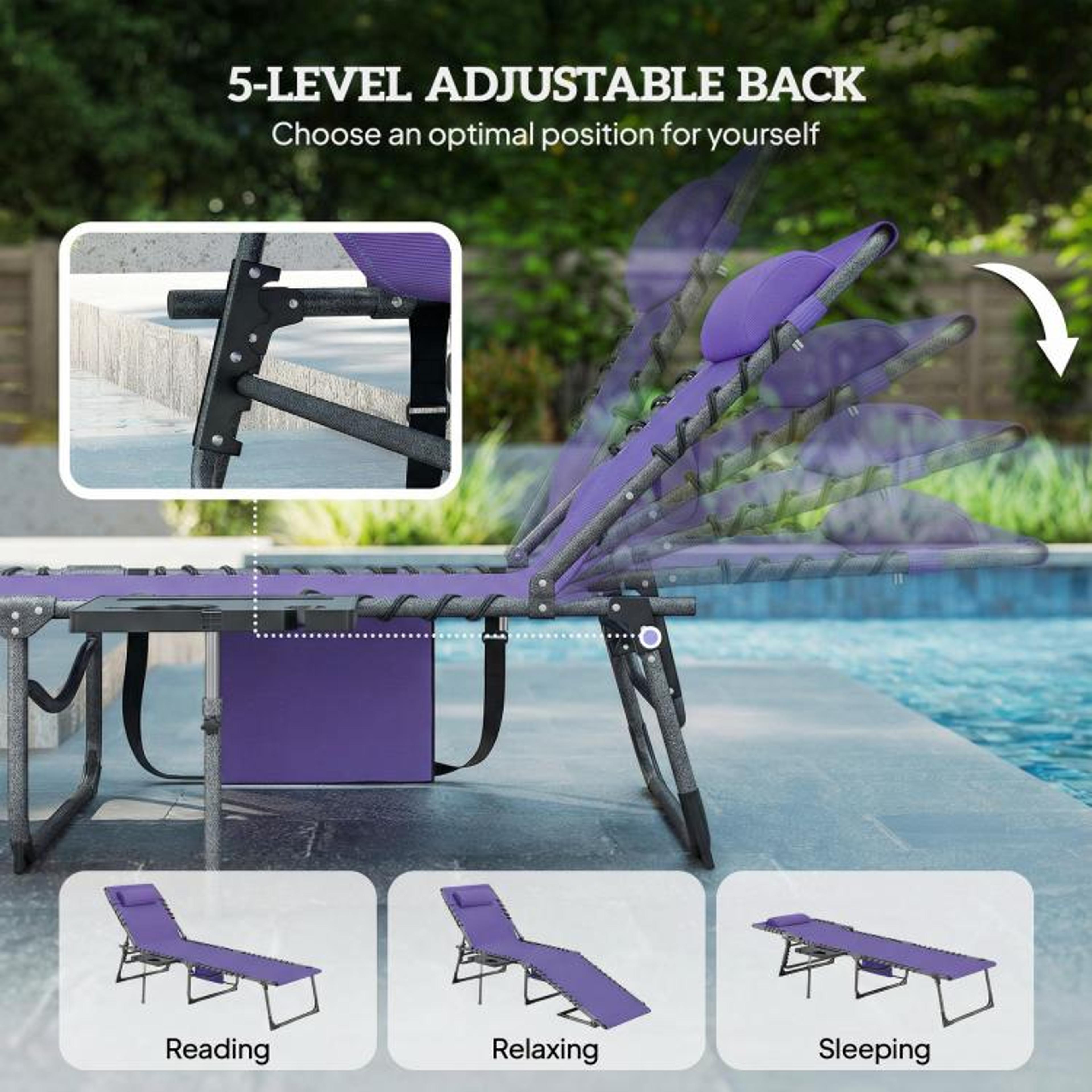 Folding Outdoor Chaise Lounge Chair With  Backrest And Side Table  Purple 6
