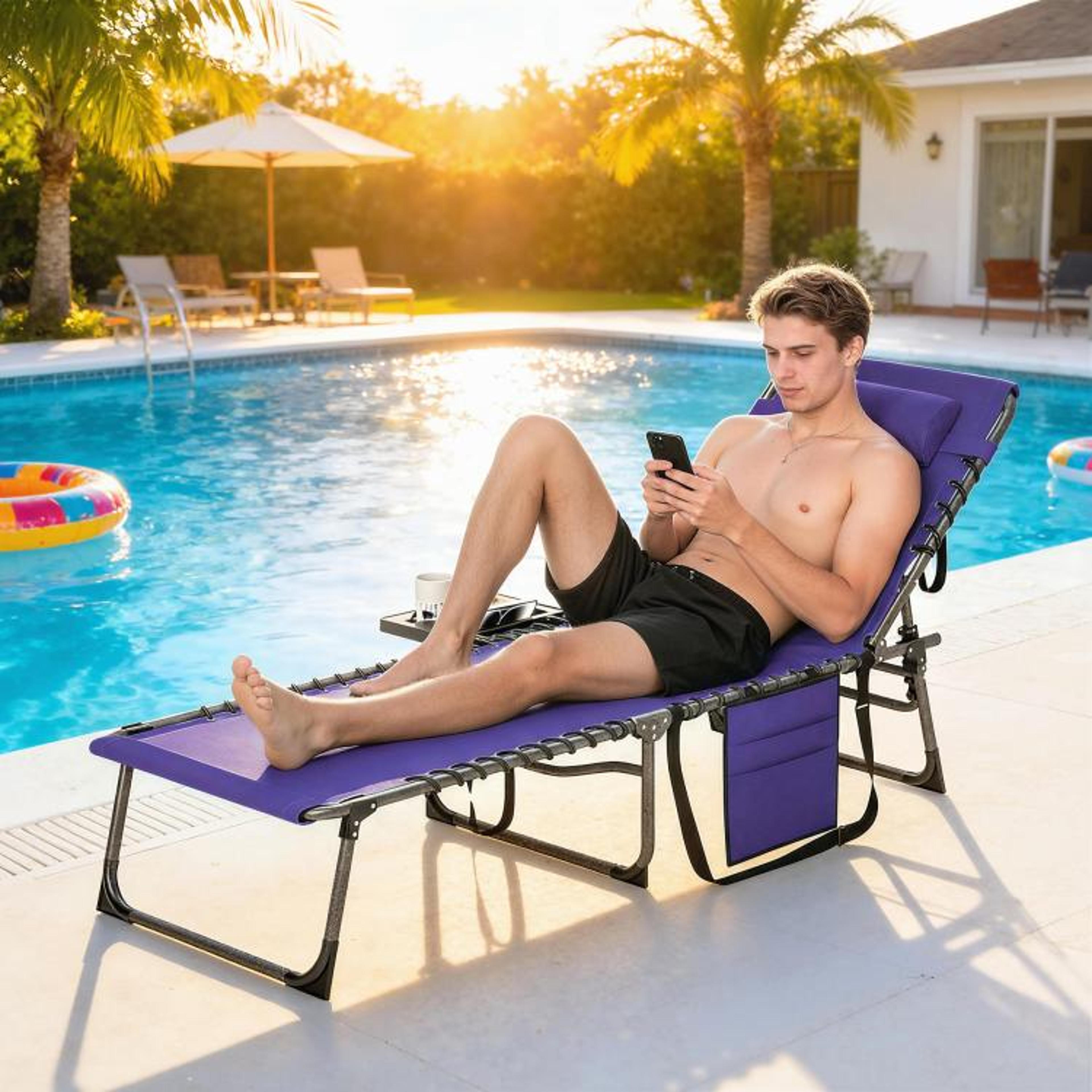 Folding Outdoor Chaise Lounge Chair With  Backrest And Side Table  Purple 3