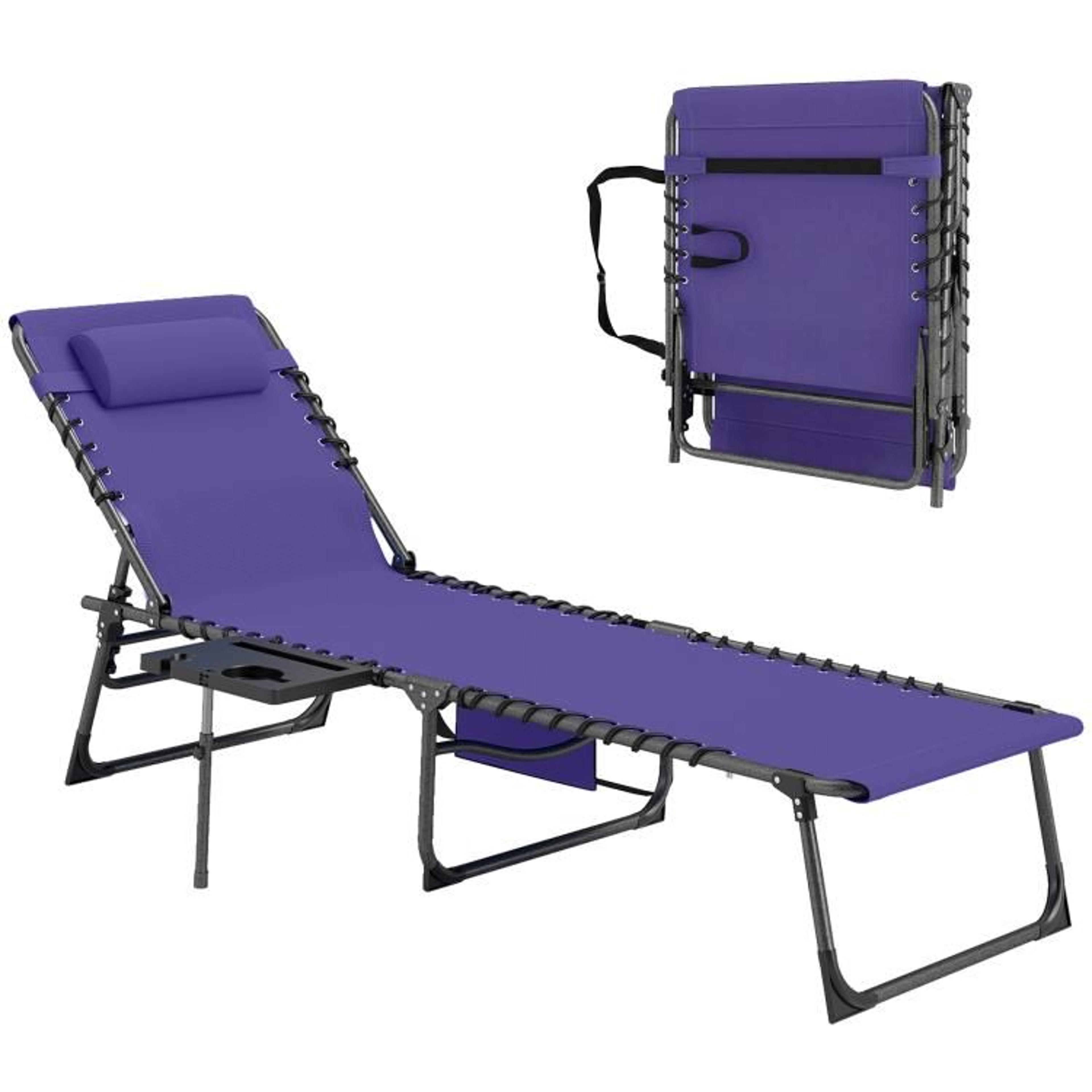 folding outdoor chaise lounge chair with  backrest and side table  purple