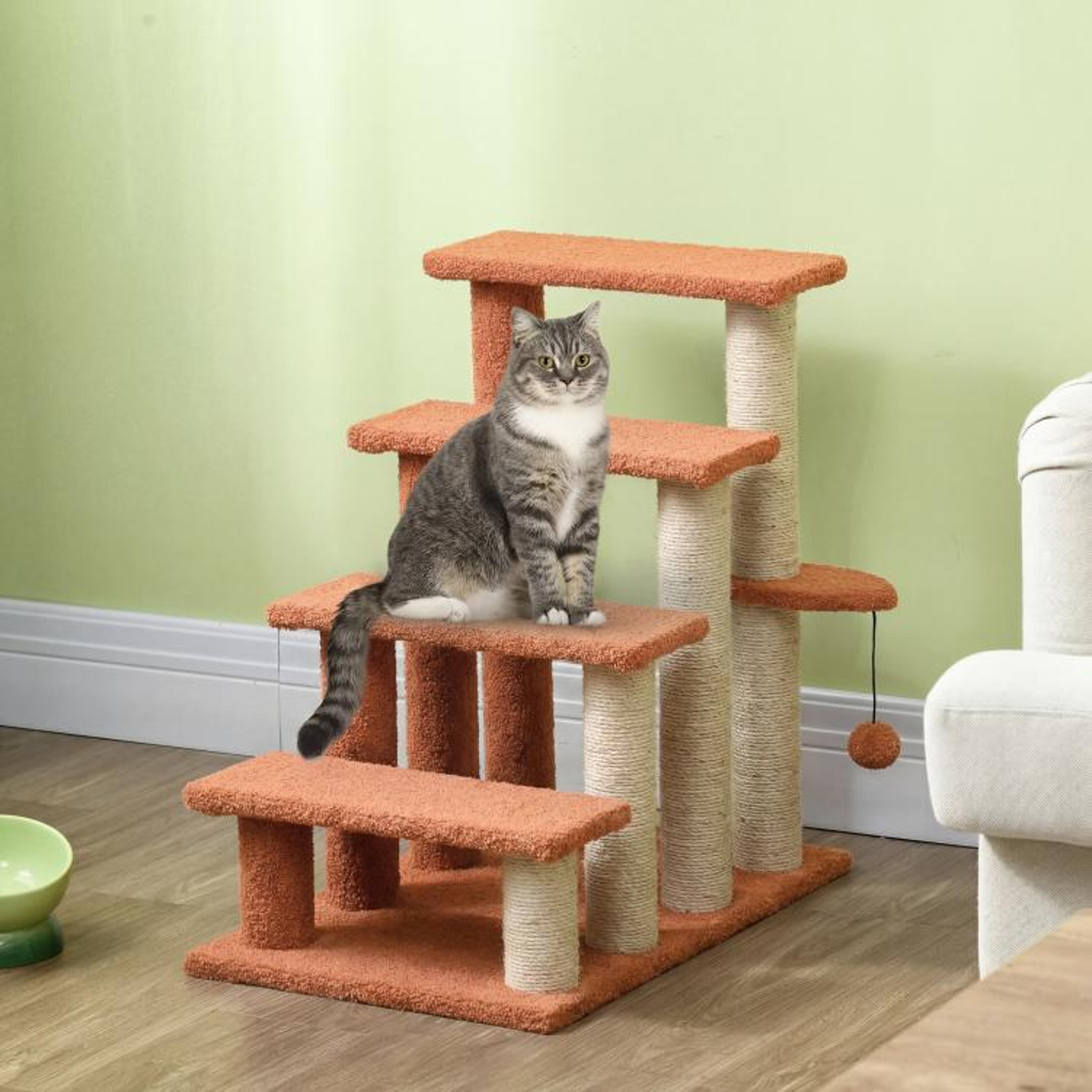 Cat Stairs With Scratching Posts And Hanging Toy Ball For Beds And Sofas Brown 3