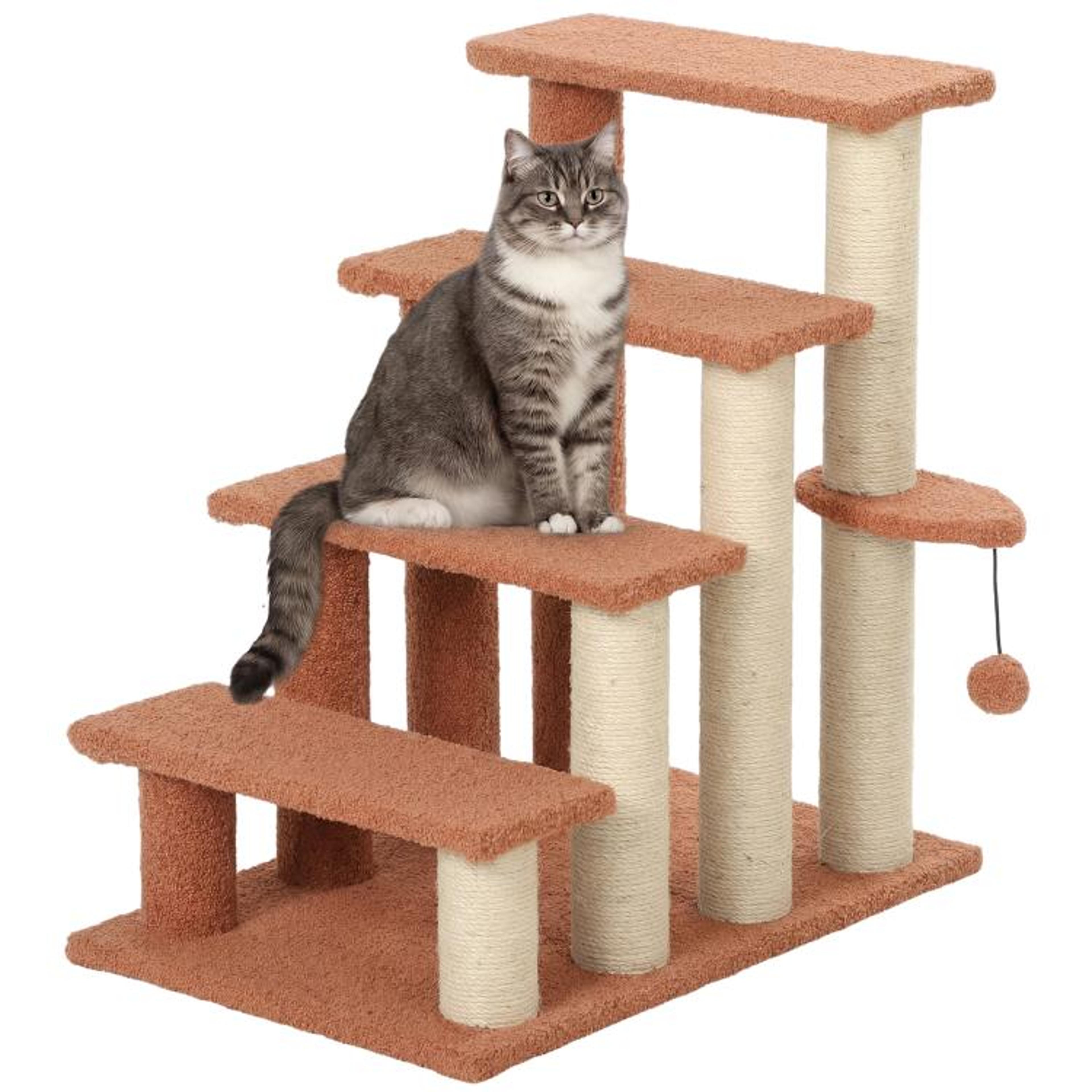 cat stairs with scratching posts and hanging toy ball for beds and sofas brown