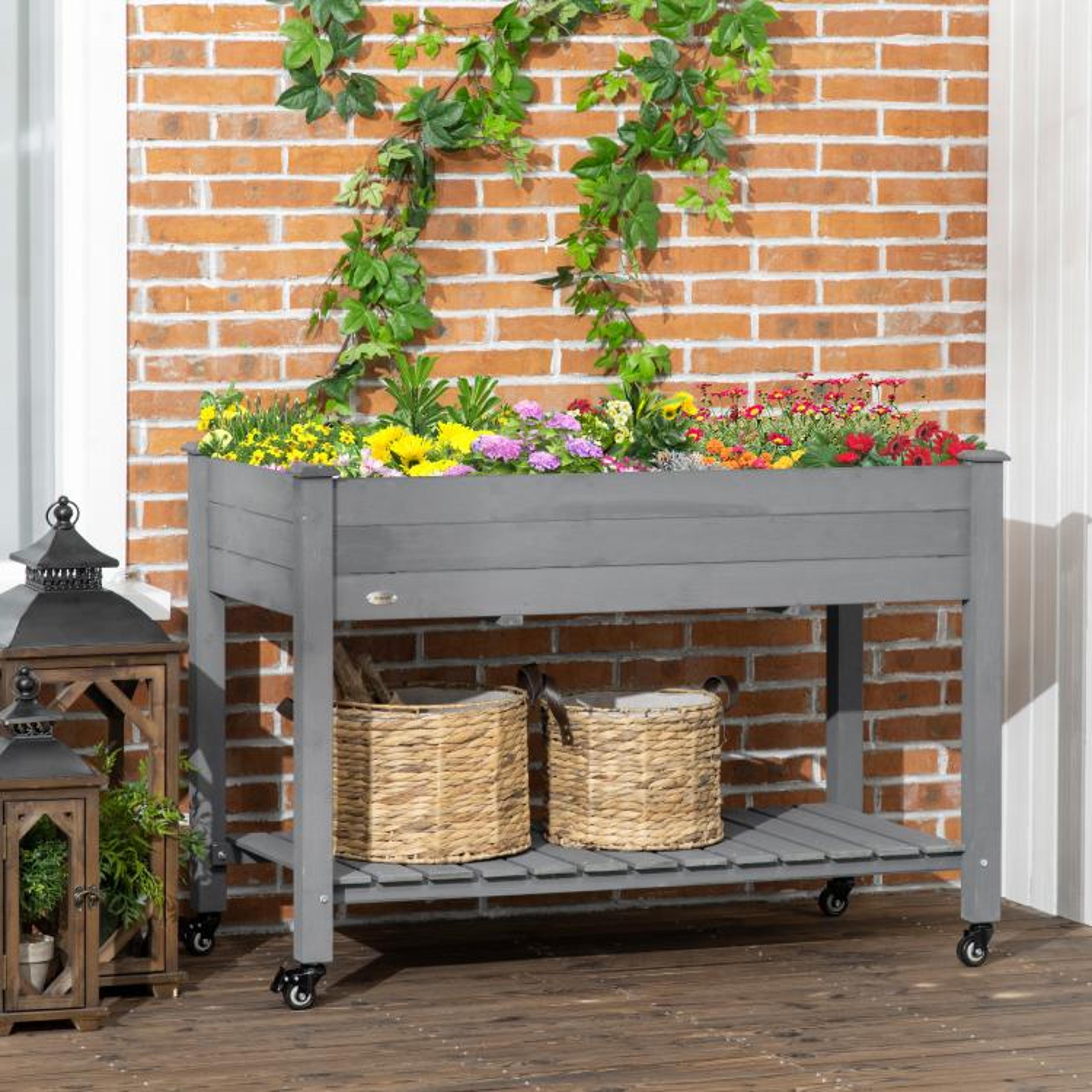 Raised Garden Bed With Wheels And Storage Shelf  Dark Gray Wooden Planter Box 2