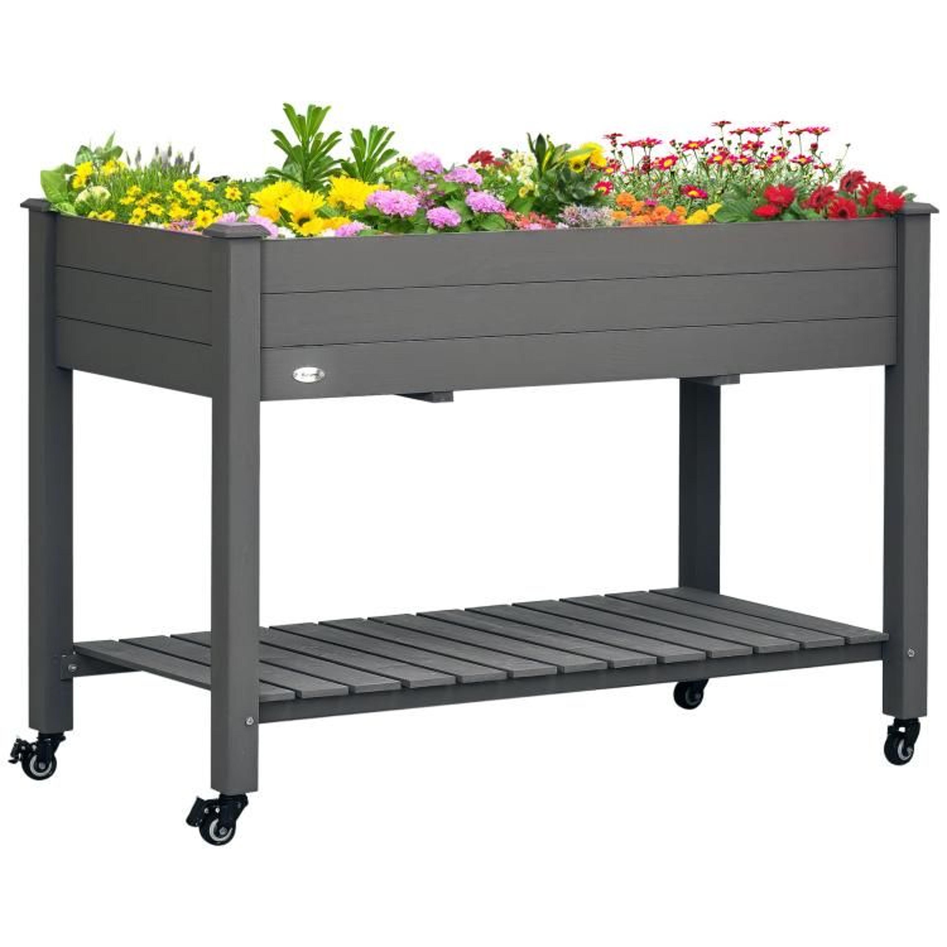 raised garden bed with wheels and storage shelf  dark gray wooden planter box