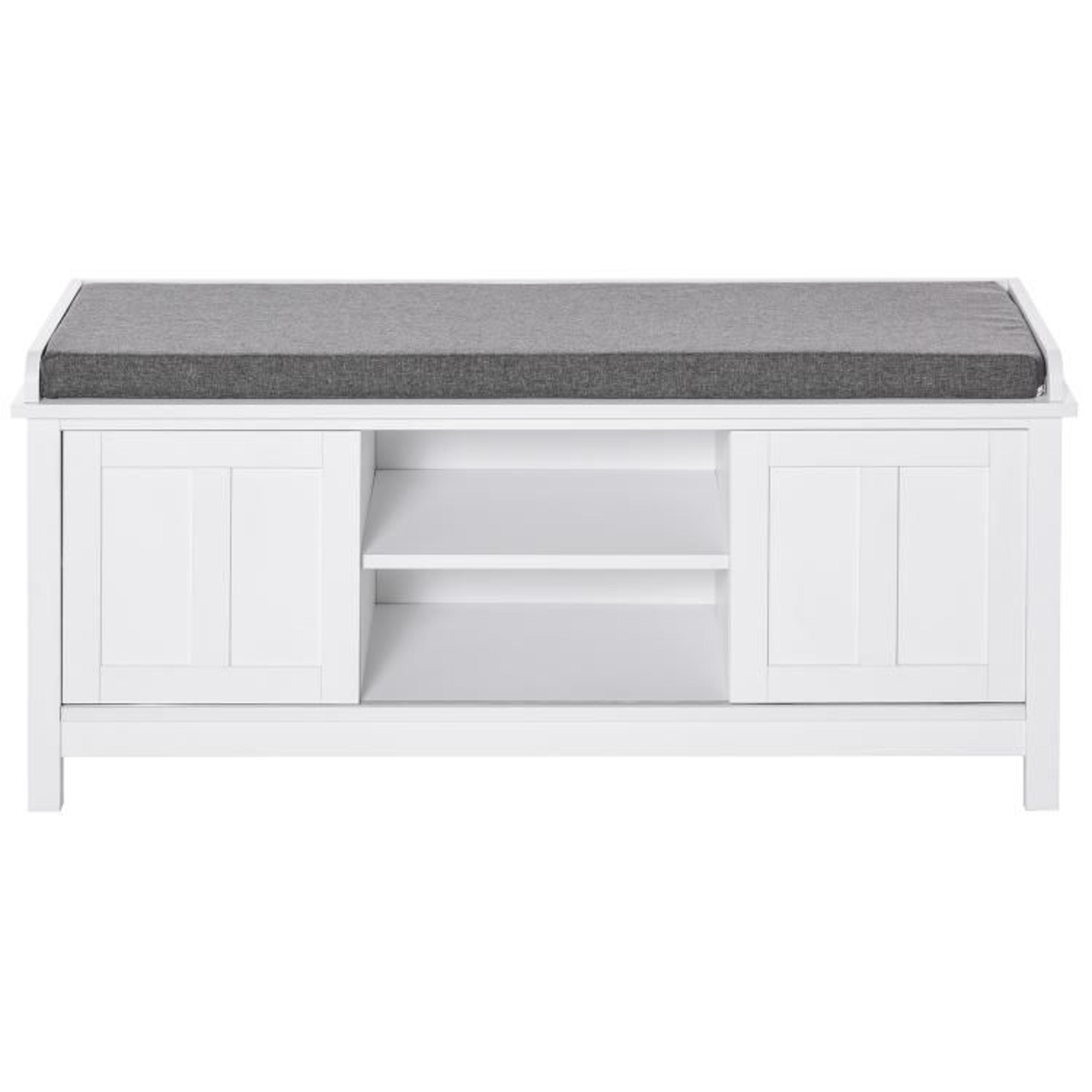 Entryway Shoe Storage Bench With Cushioned Seat And Sliding Doors In White 1