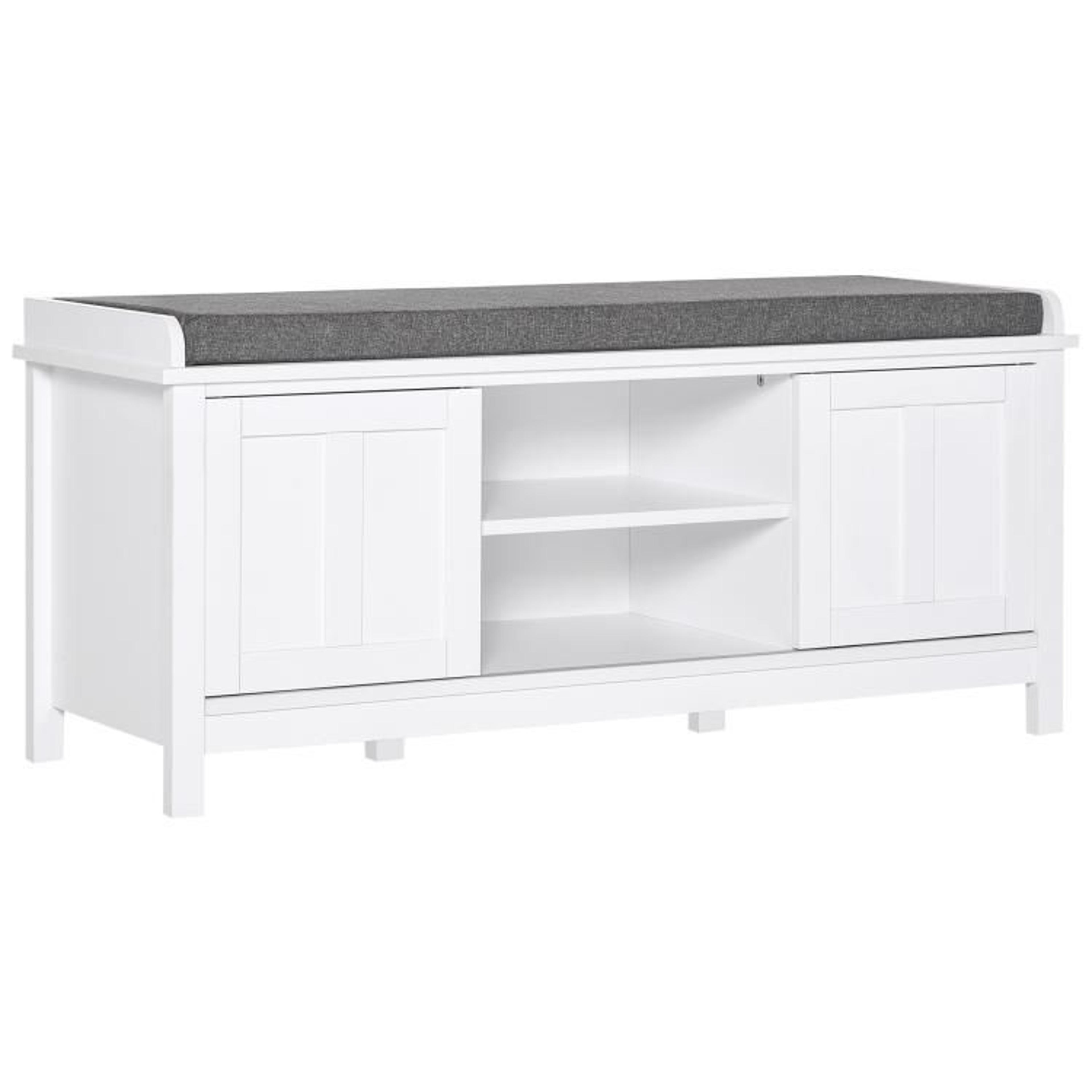 entryway shoe storage bench with cushioned seat and sliding doors in white