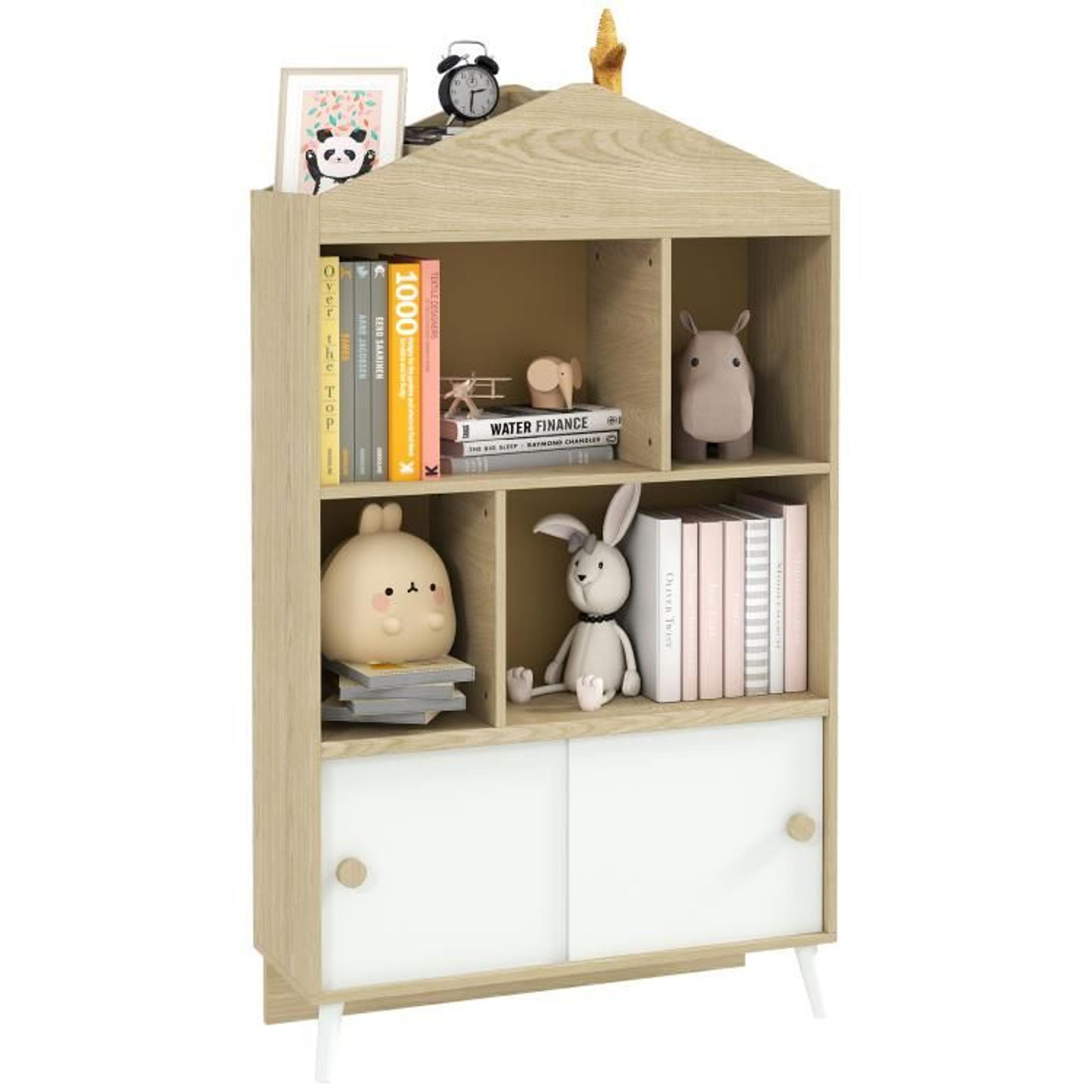 kids montessori bookshelf and toy storage cabinet with 4 cubbies and sliding door