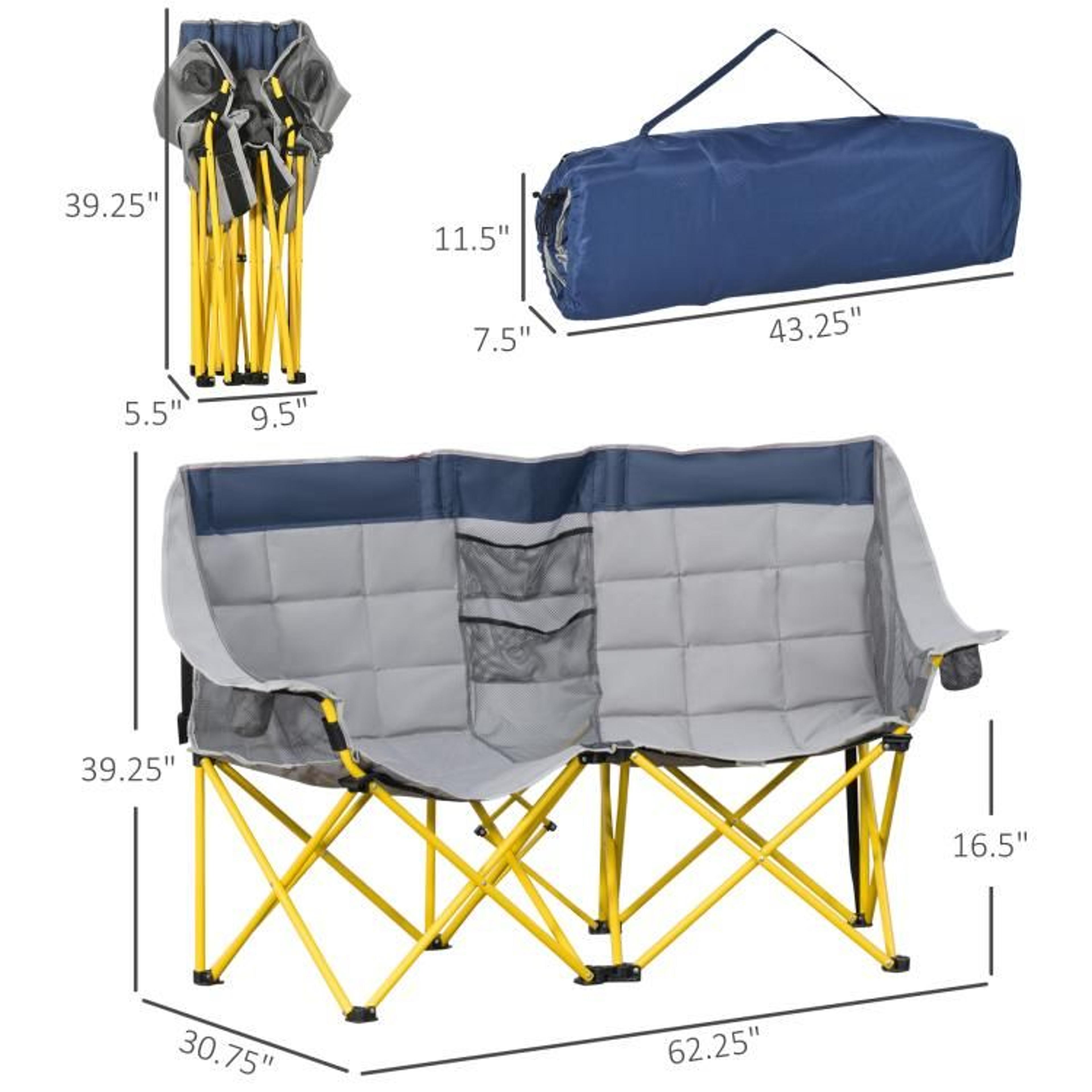 Double Camping Chair With Cup Holders  Carry Bag  Navy Blue And Gray 4