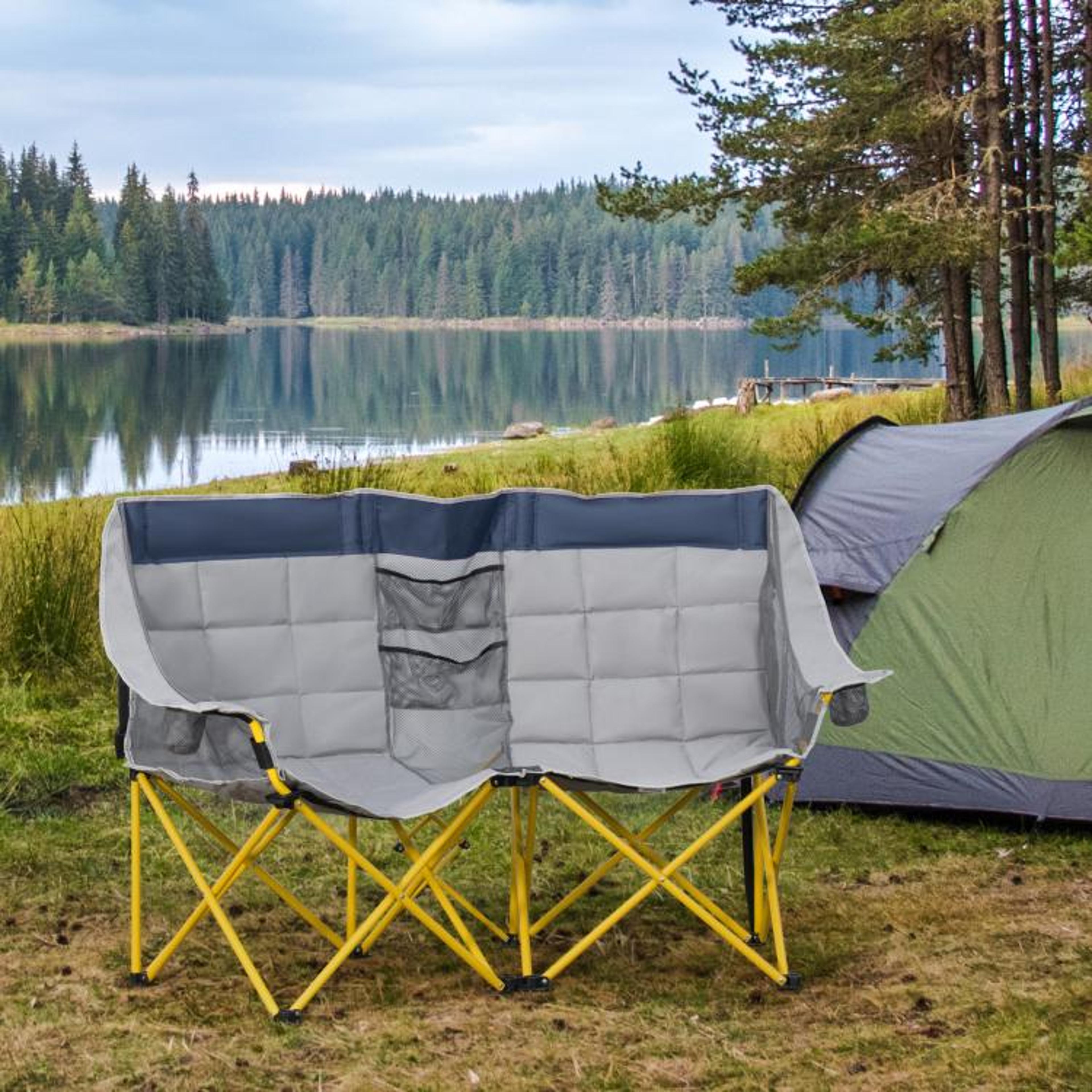 Double Camping Chair With Cup Holders  Carry Bag  Navy Blue And Gray 3