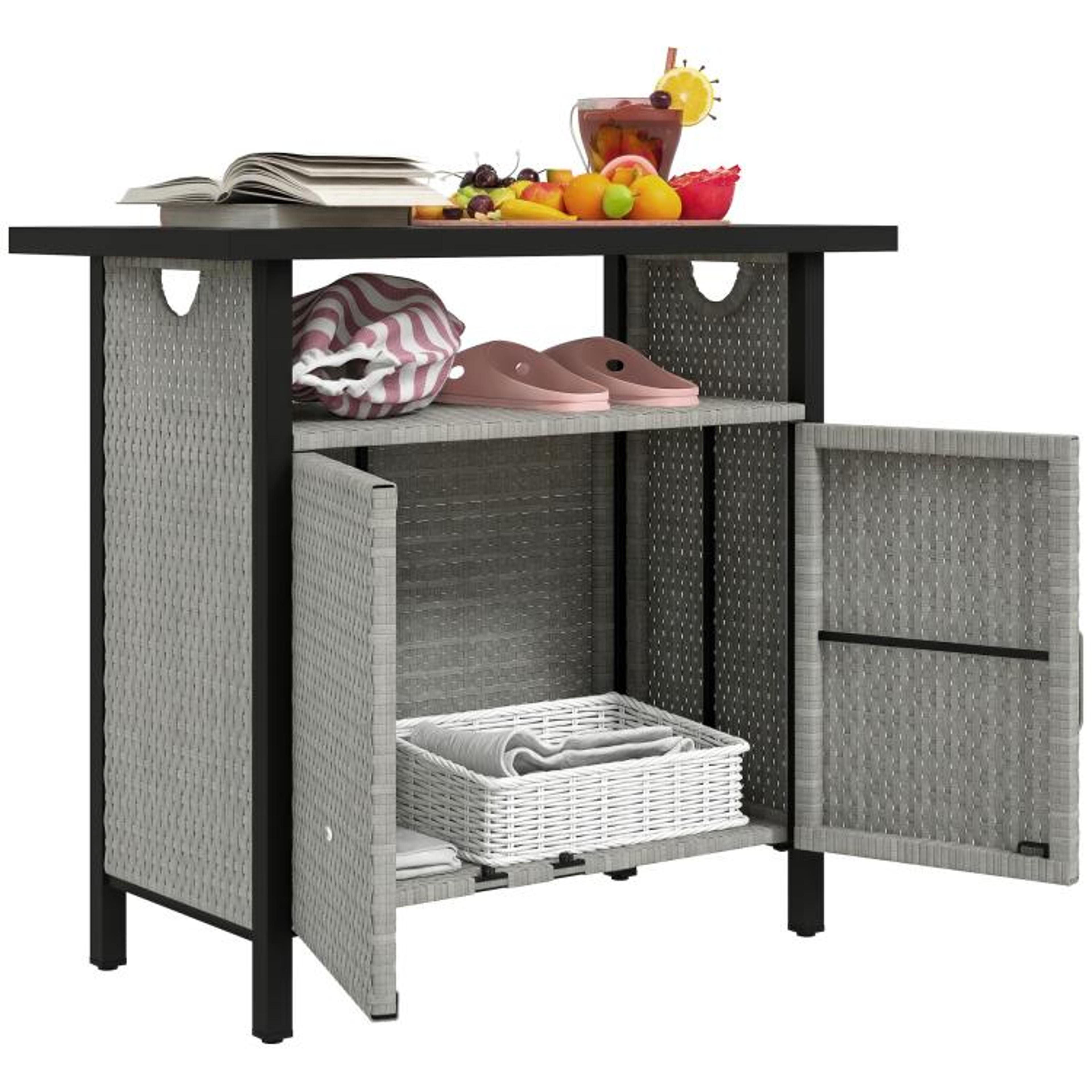 outdoor pool towel storage cabinet with rattan and steel frame gray