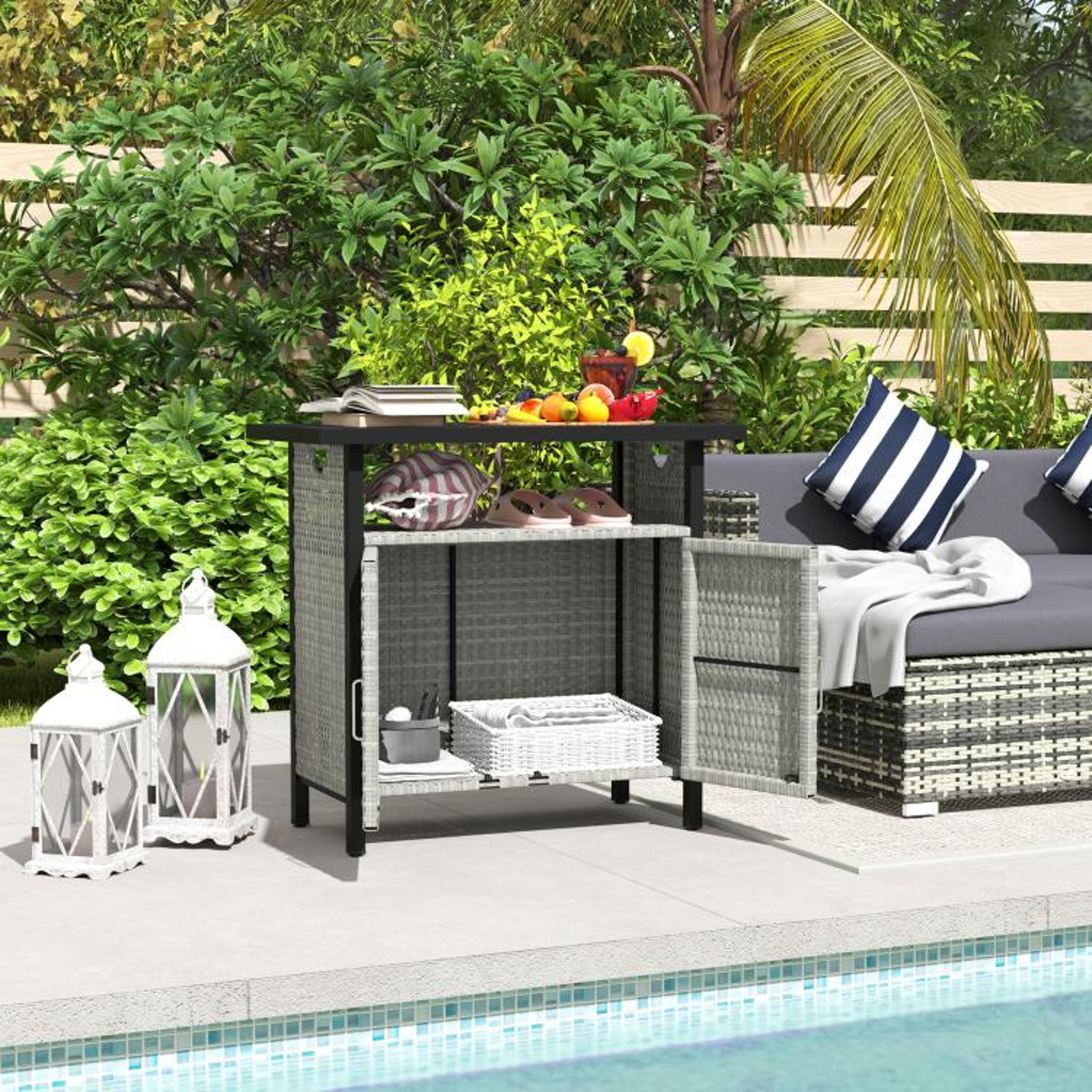Outdoor Pool Towel Storage Cabinet With Rattan And Steel Frame  Gray 2
