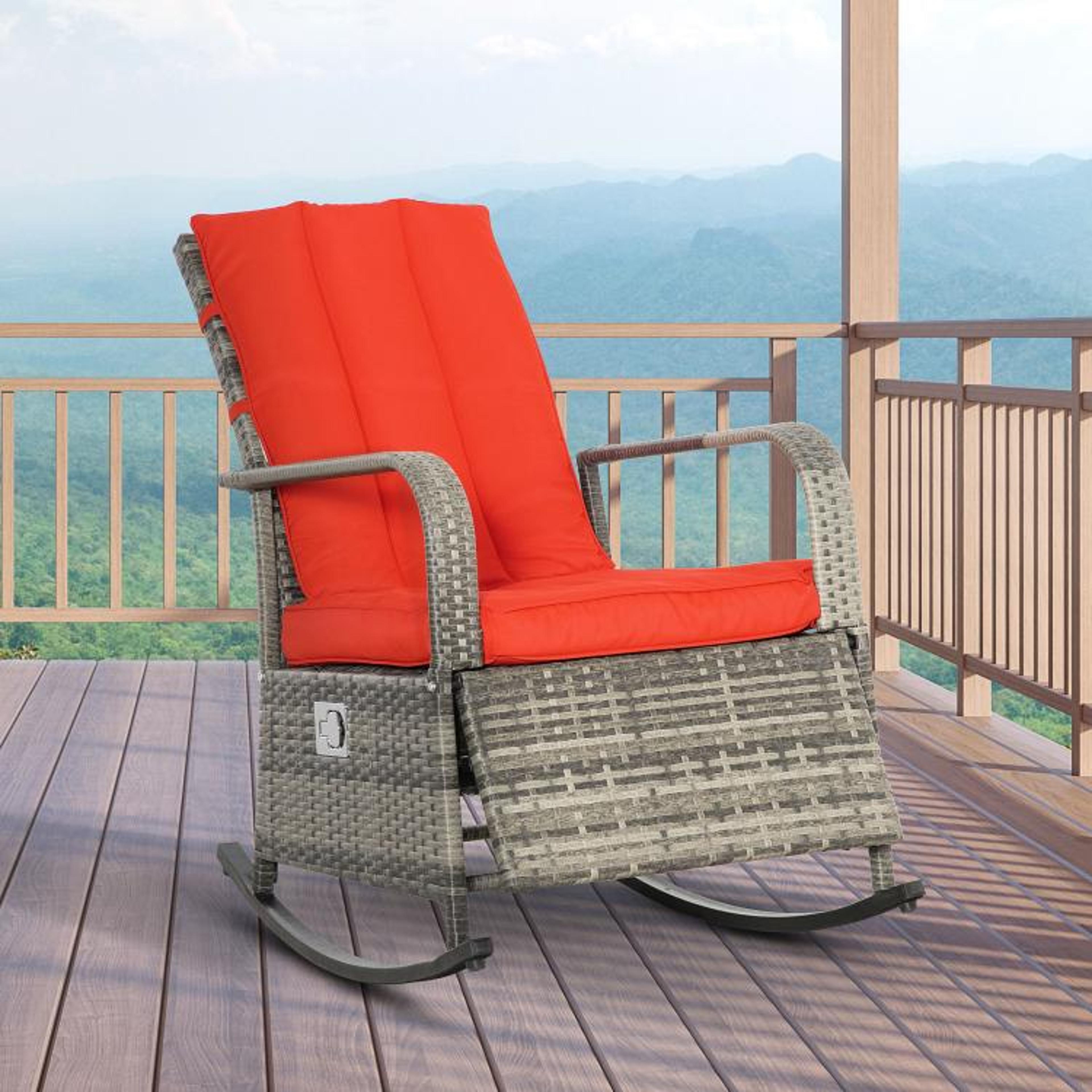 Outdoor Wicker Rocking Recliner Chair With Adjustable Footrest And Red Cushions 3