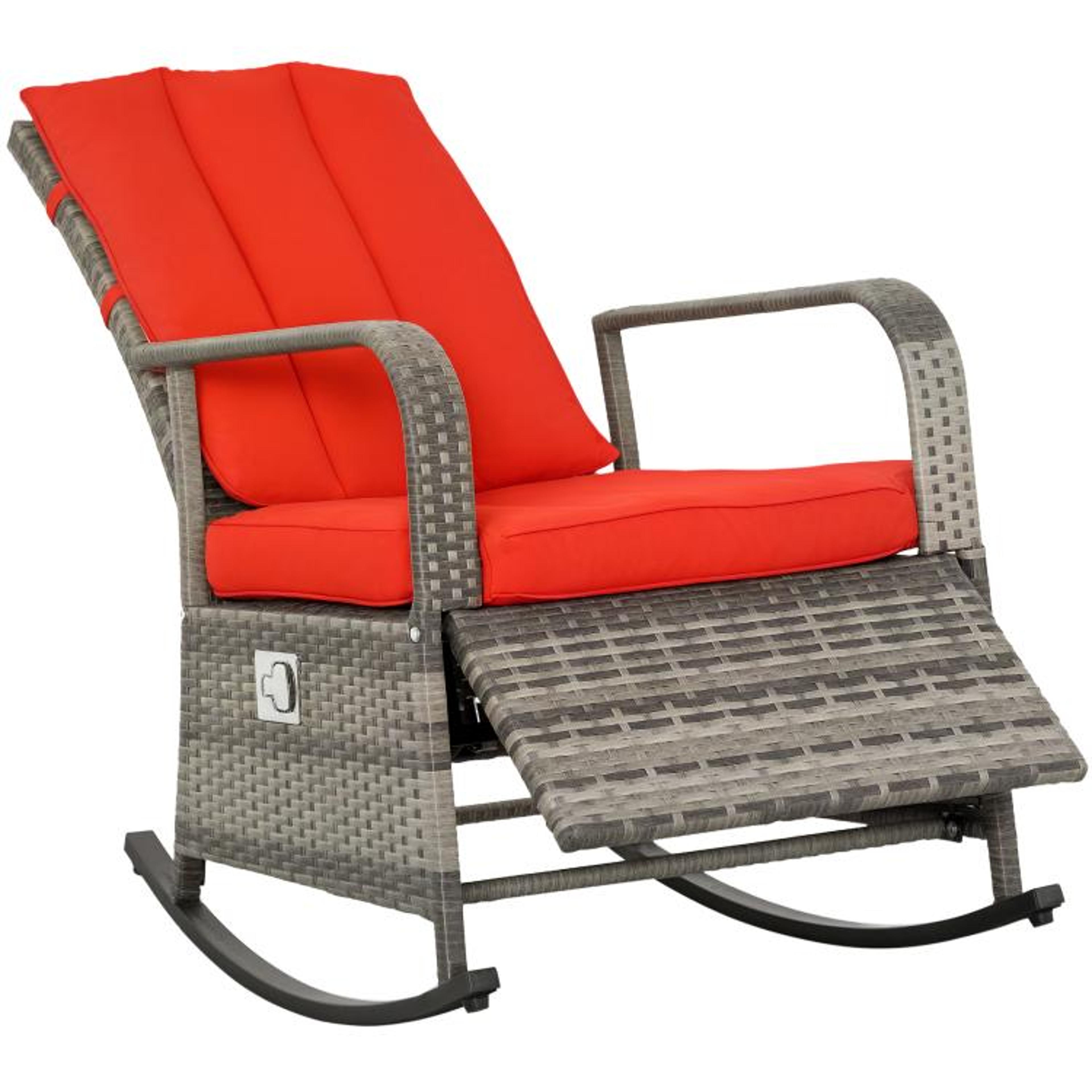 outdoor wicker rocking recliner chair with adjustable footrest and red cushions