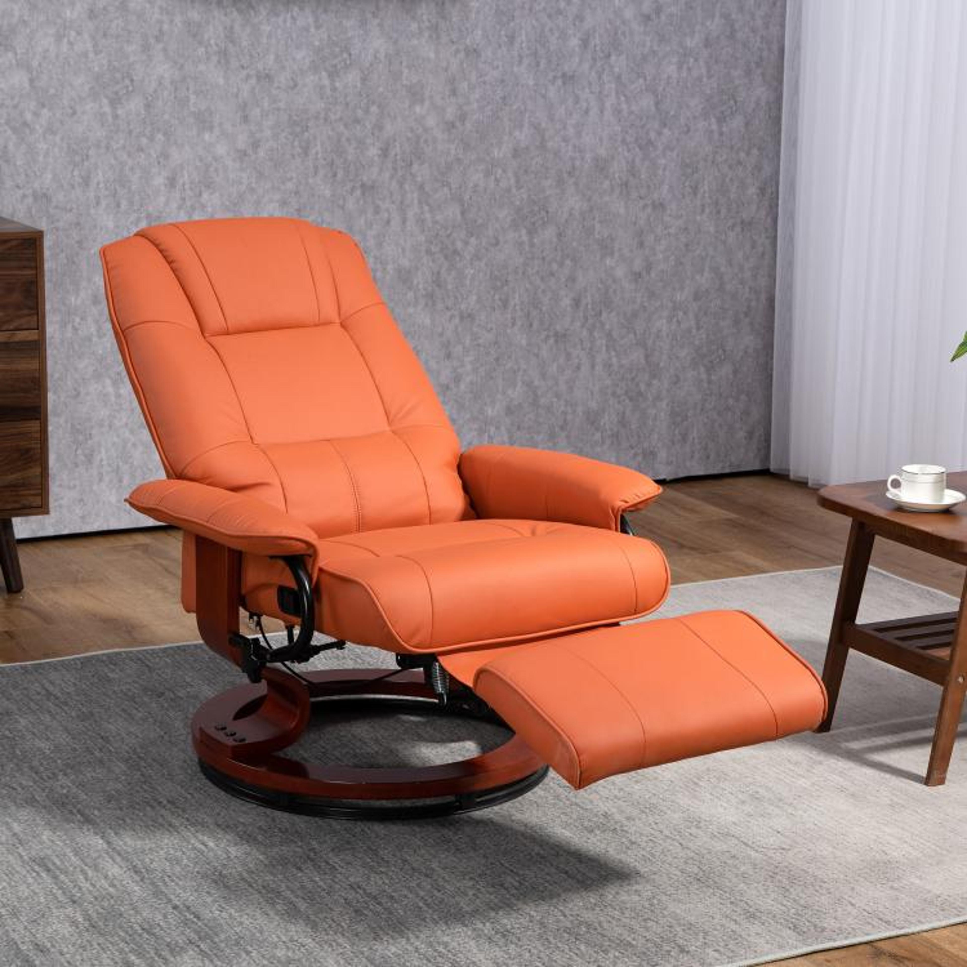 air leather swivel recliner chair with footrest and wood base  orange