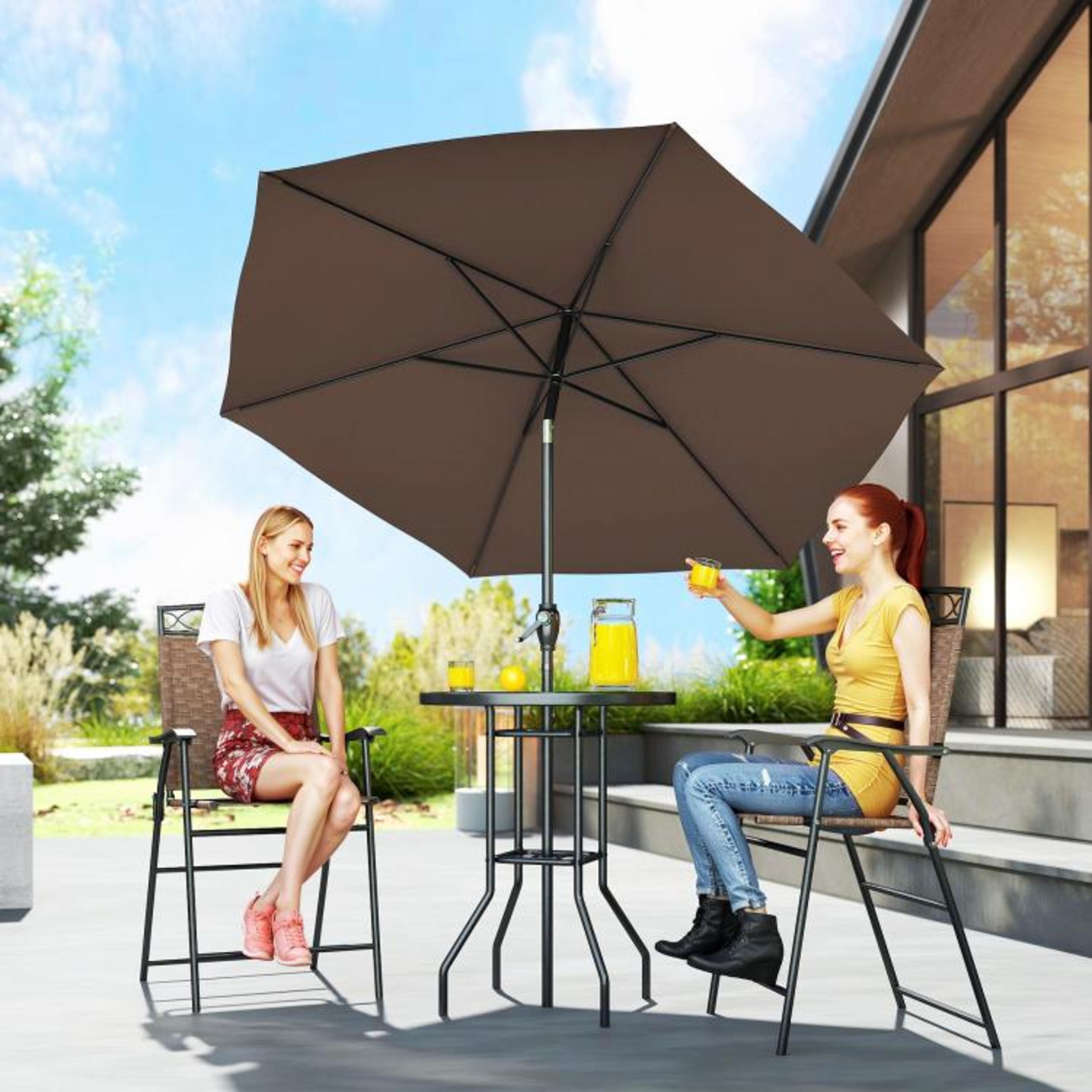 Outdoor Patio Bar Set With Adjustable Umbrella And Folding Chairs Brown 2