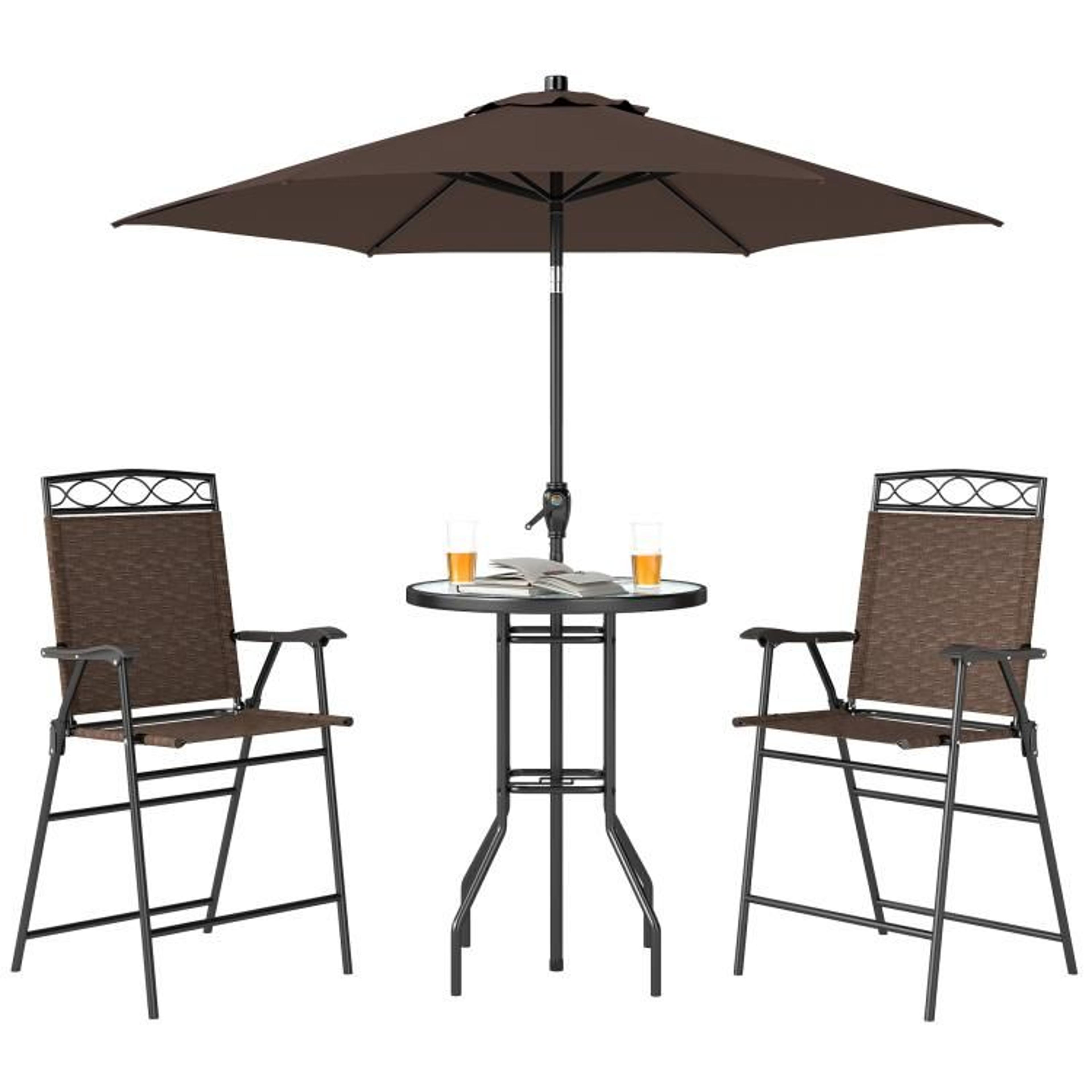 Outdoor Patio Bar Set With Adjustable Umbrella And Folding Chairs Brown 1