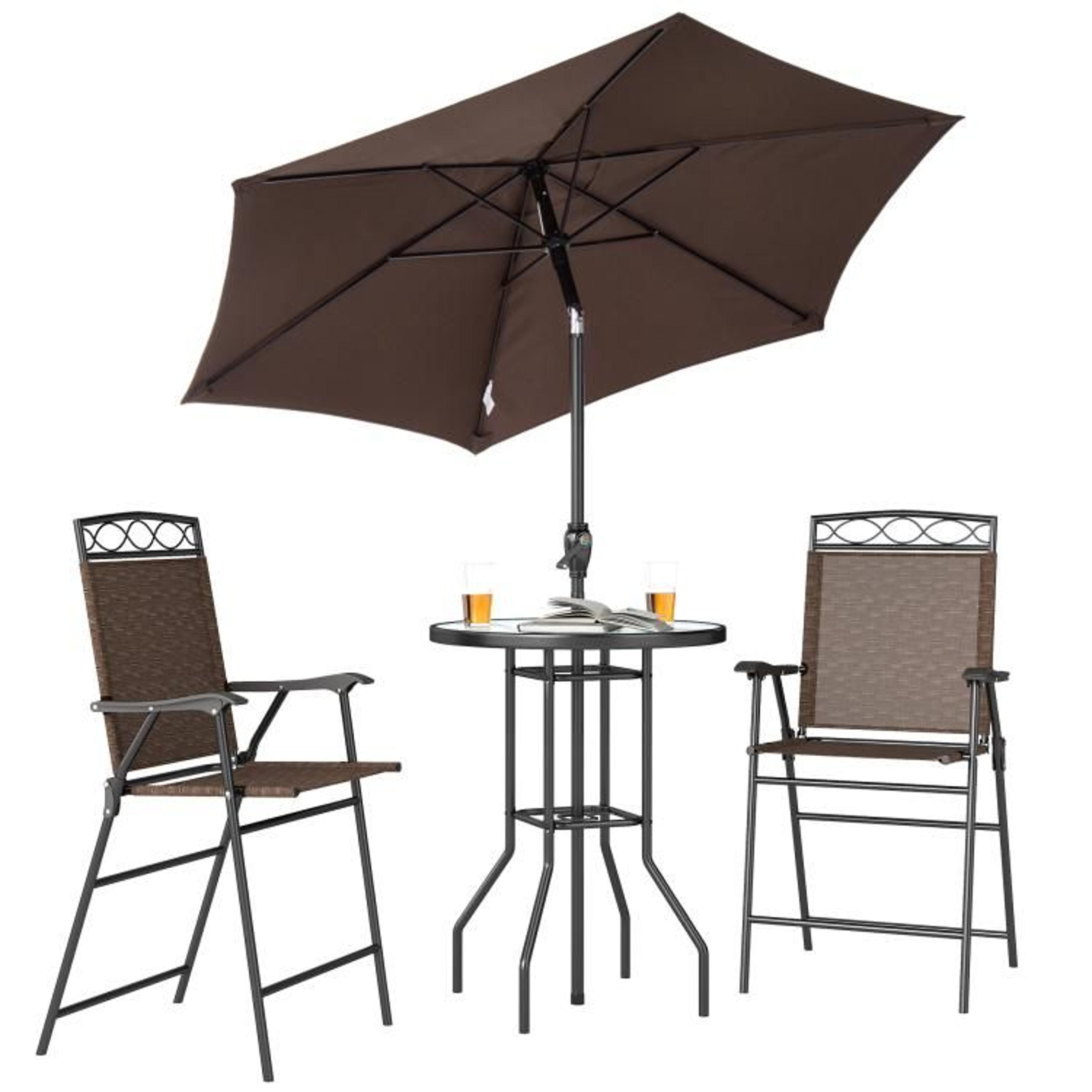 outdoor patio bar set with adjustable umbrella and folding chairs brown