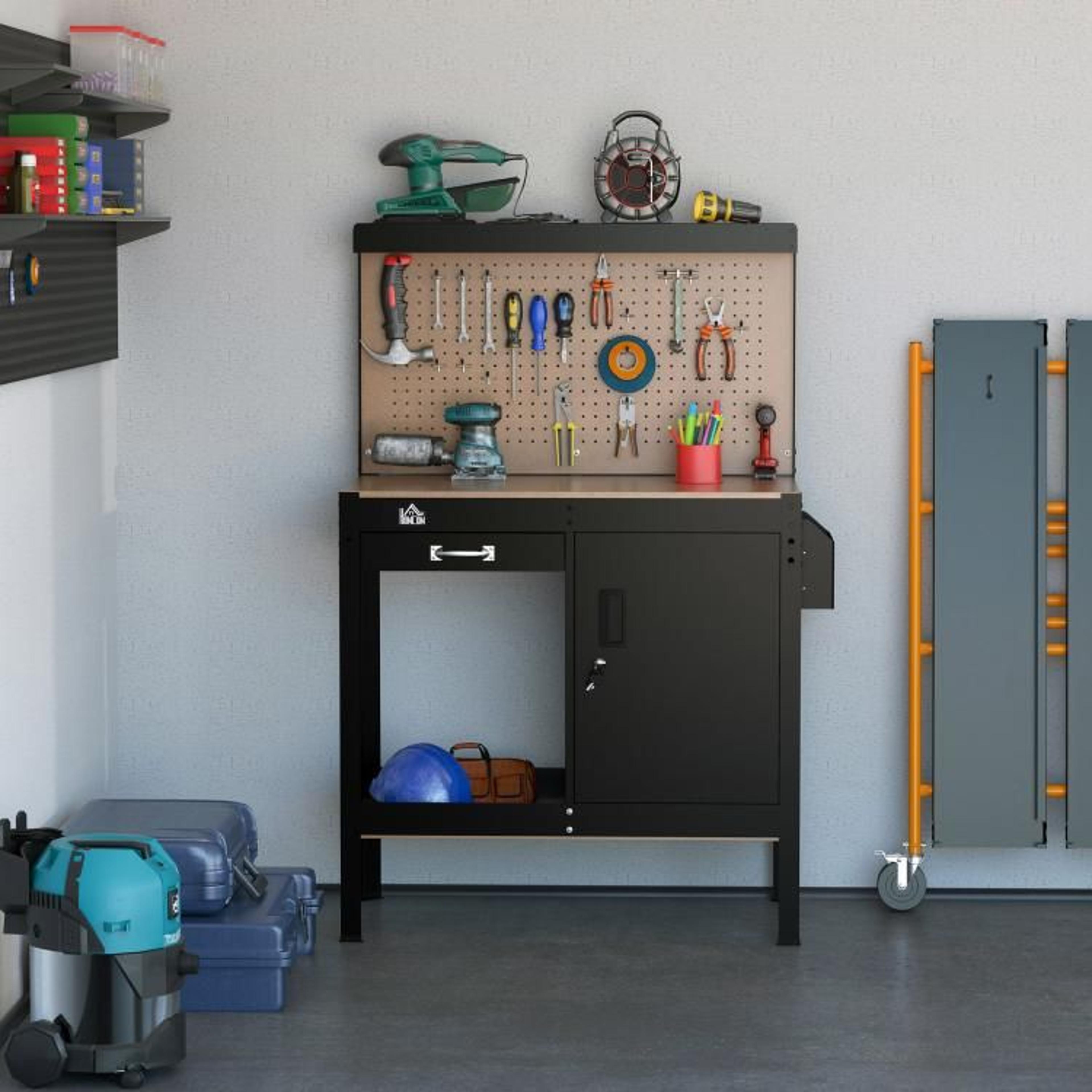 Multipurpose Workbench With Pegboard Drawer And Lockable Storage Cabinet 3