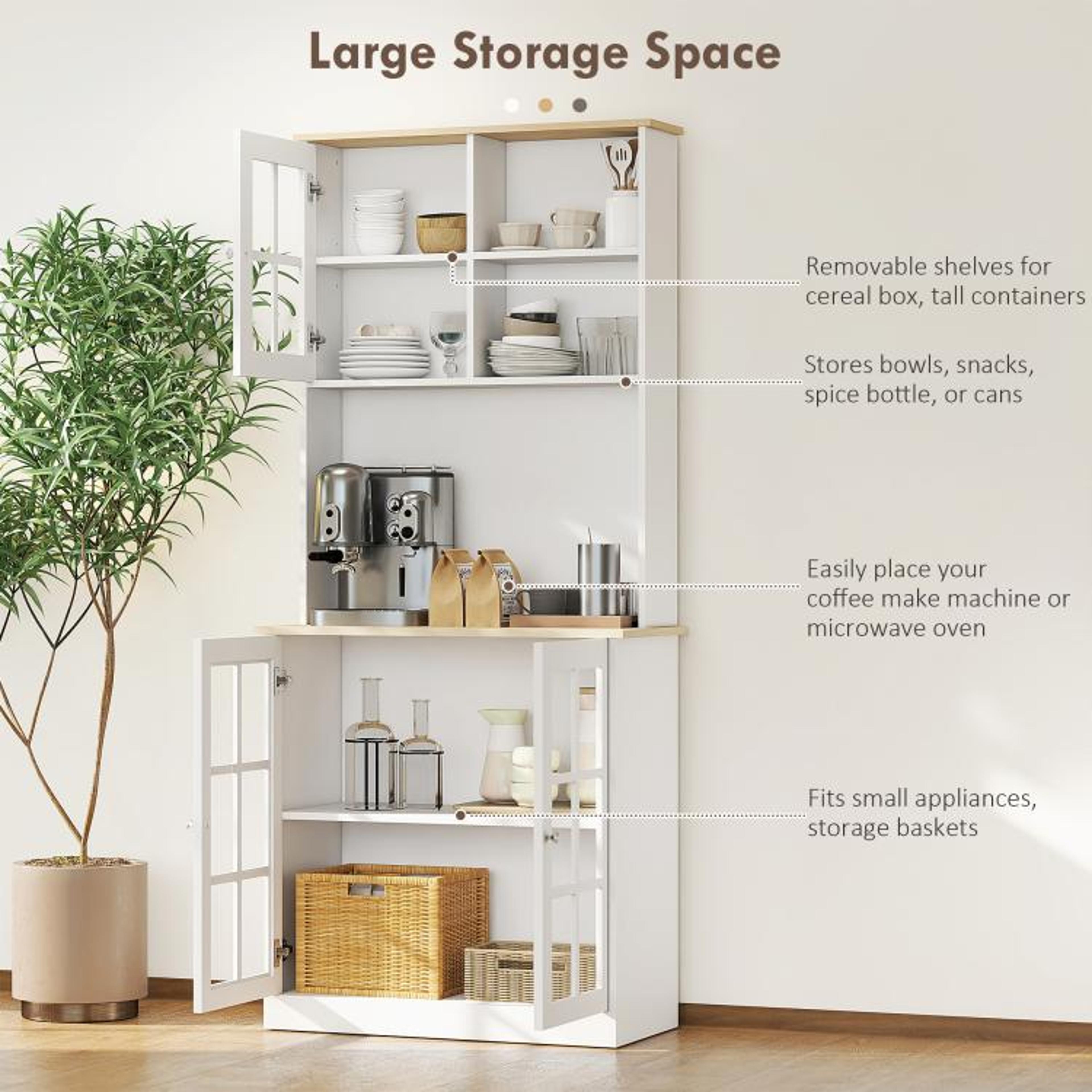 72Inch Freestanding Kitchen Pantry Storage Cabinet With Hutch And Glass Doors 5