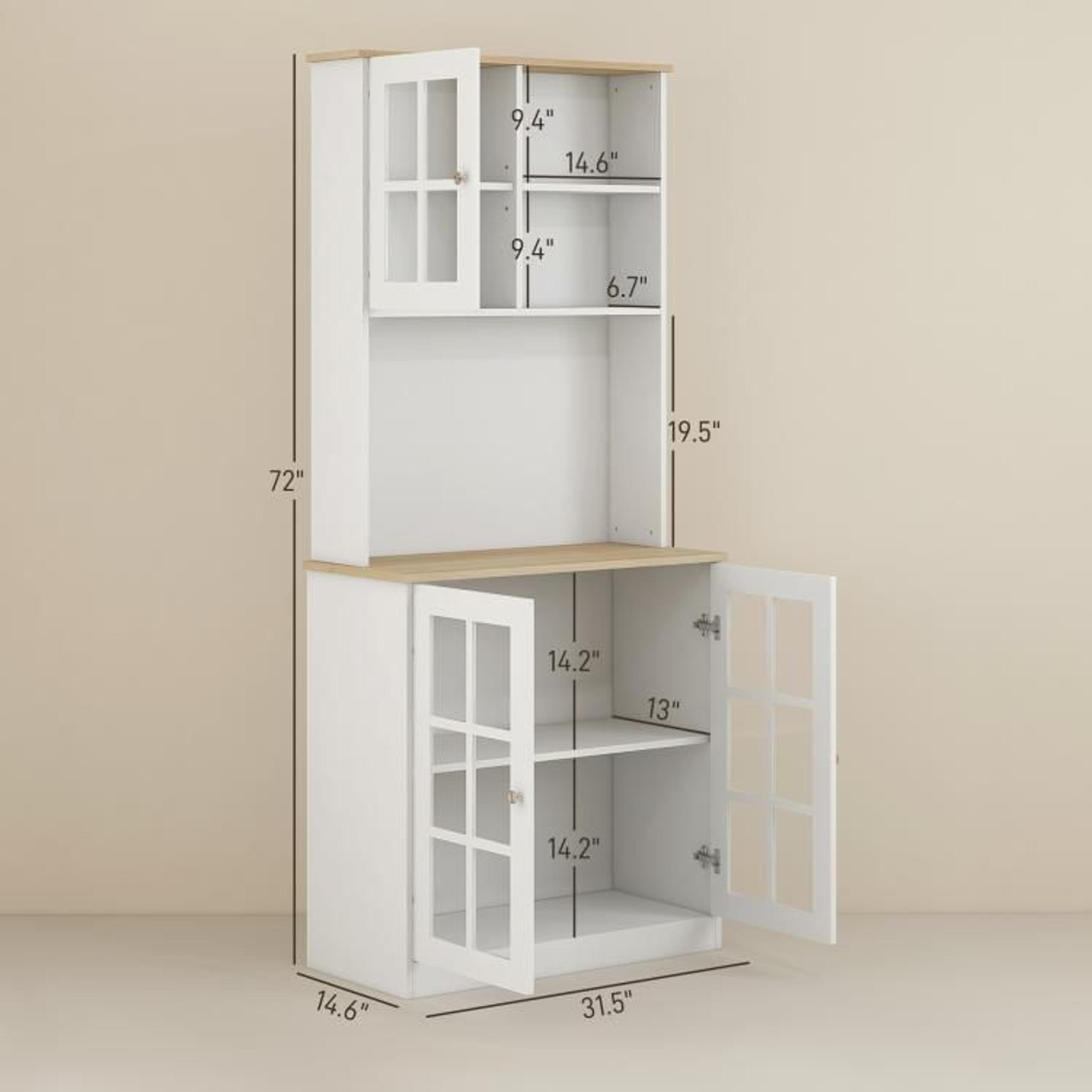 72Inch Freestanding Kitchen Pantry Storage Cabinet With Hutch And Glass Doors 4