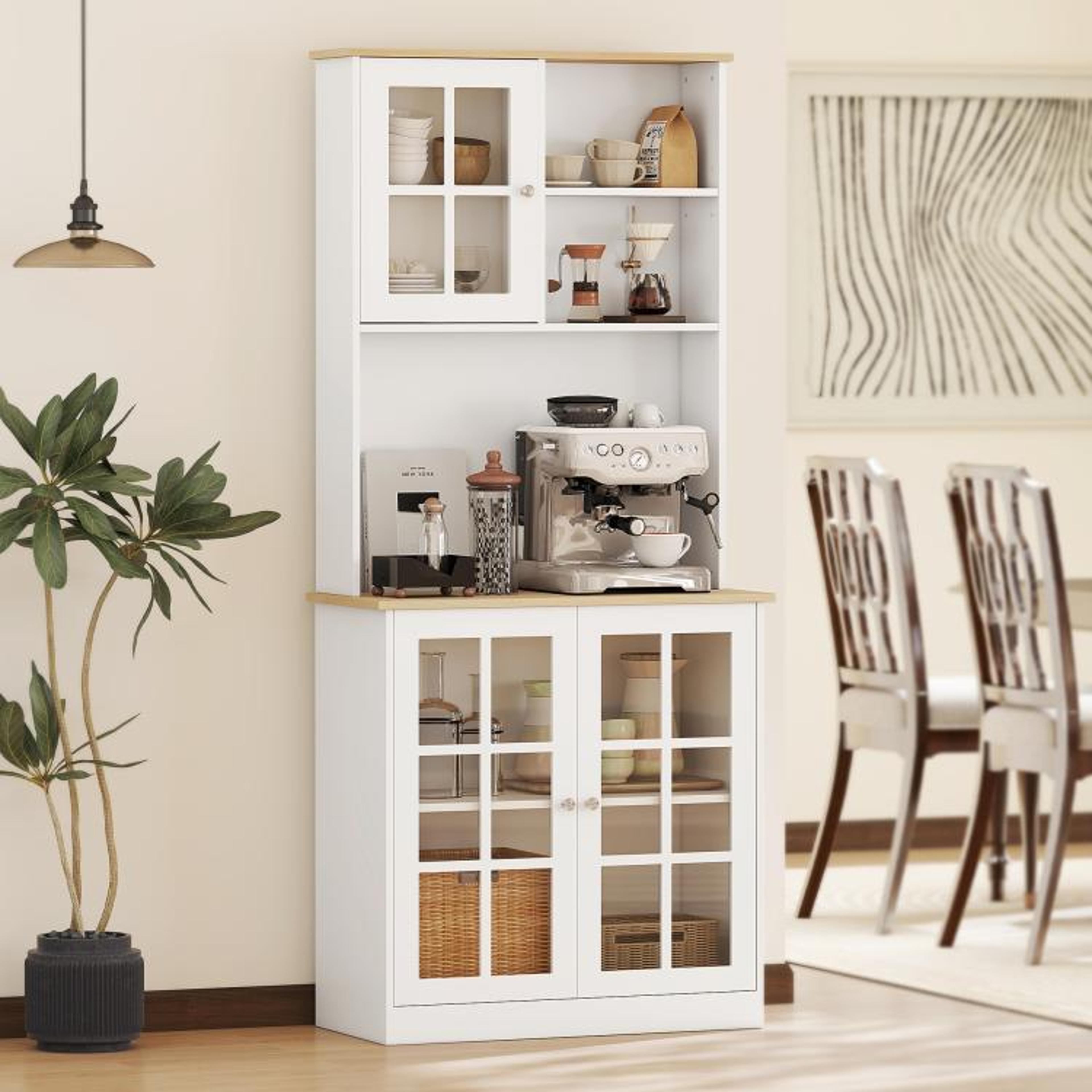 72Inch Freestanding Kitchen Pantry Storage Cabinet With Hutch And Glass Doors 2