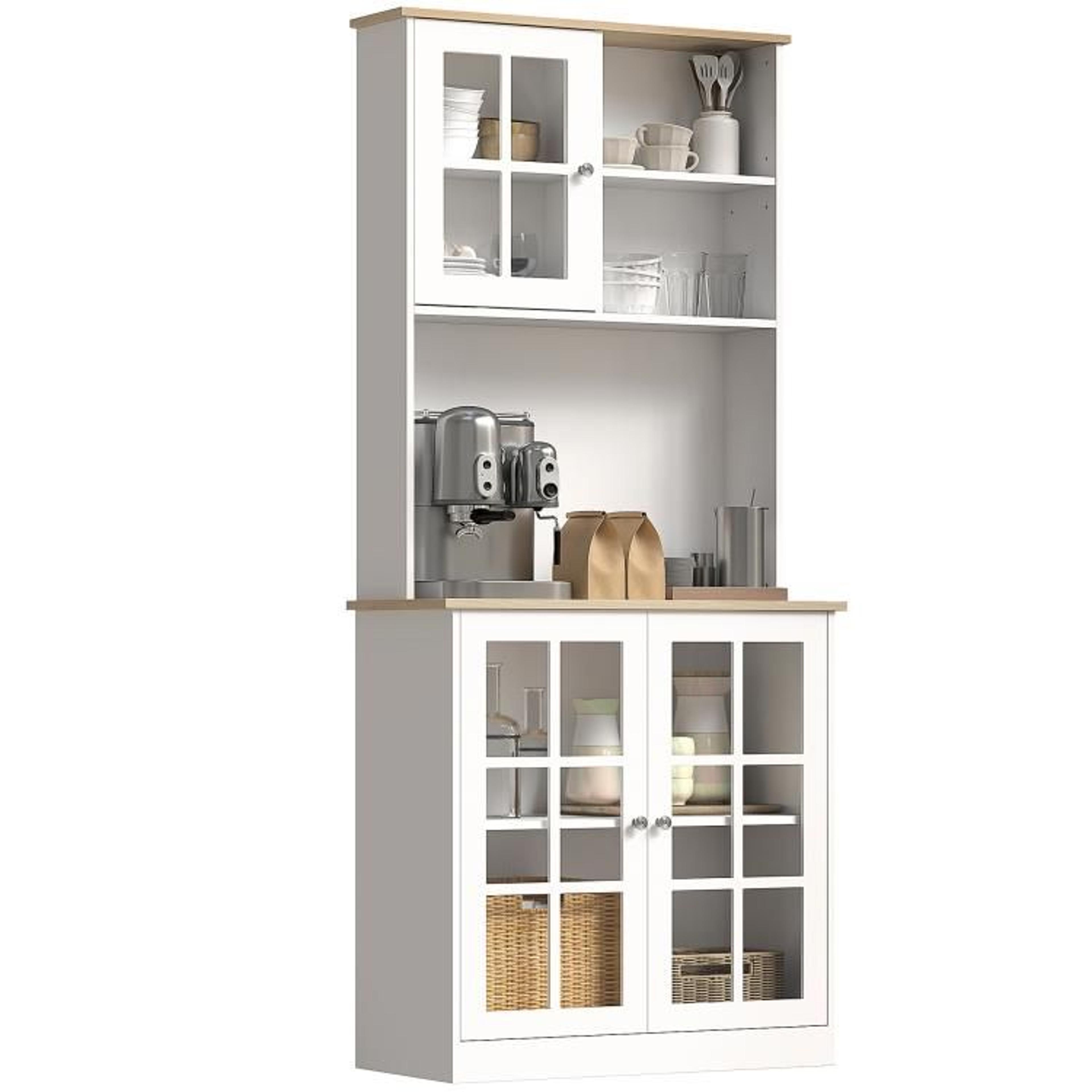 72-inch freestanding kitchen pantry storage cabinet with hutch and glass doors