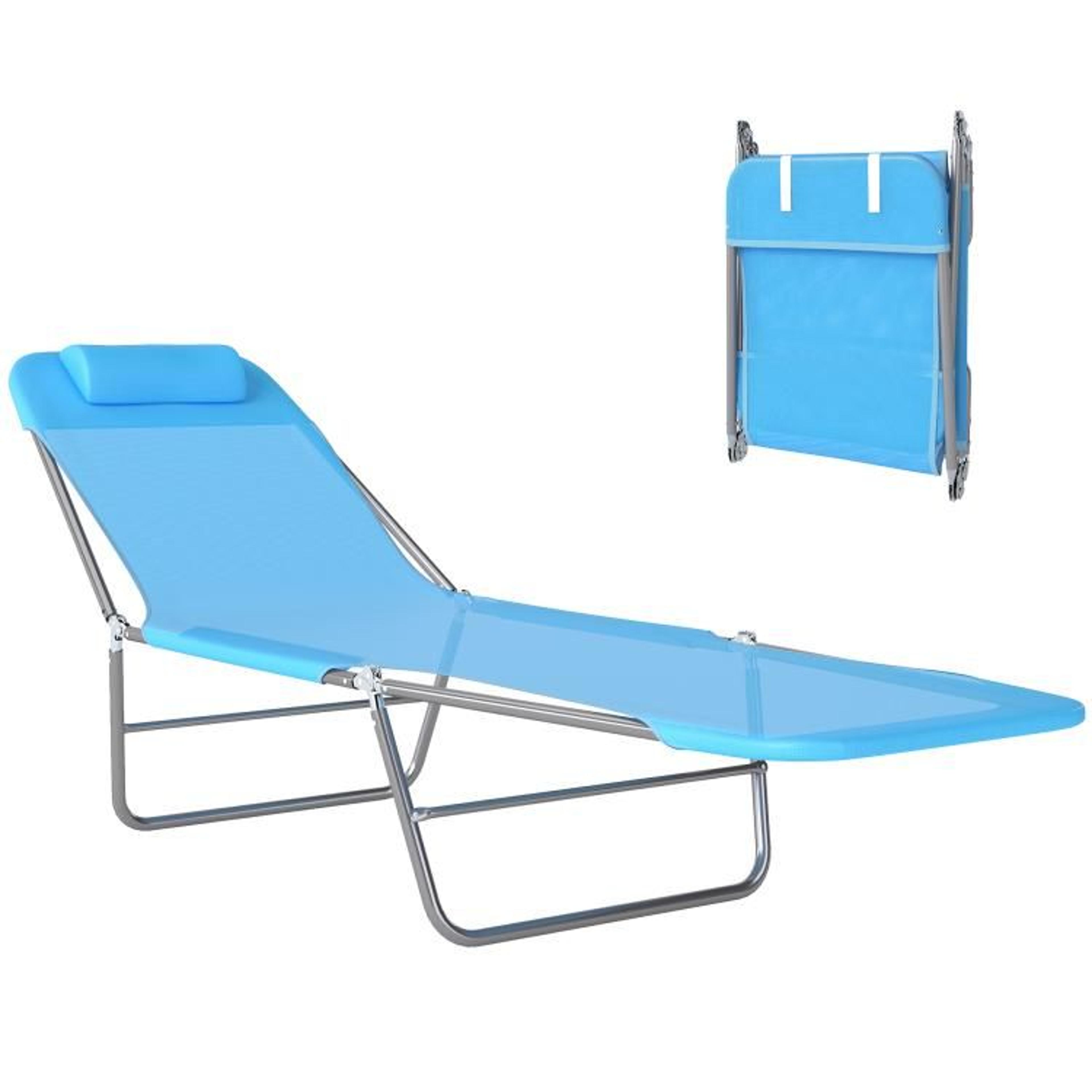 folding outdoor chaise lounge chair with adjustable backrest and pillow  blue