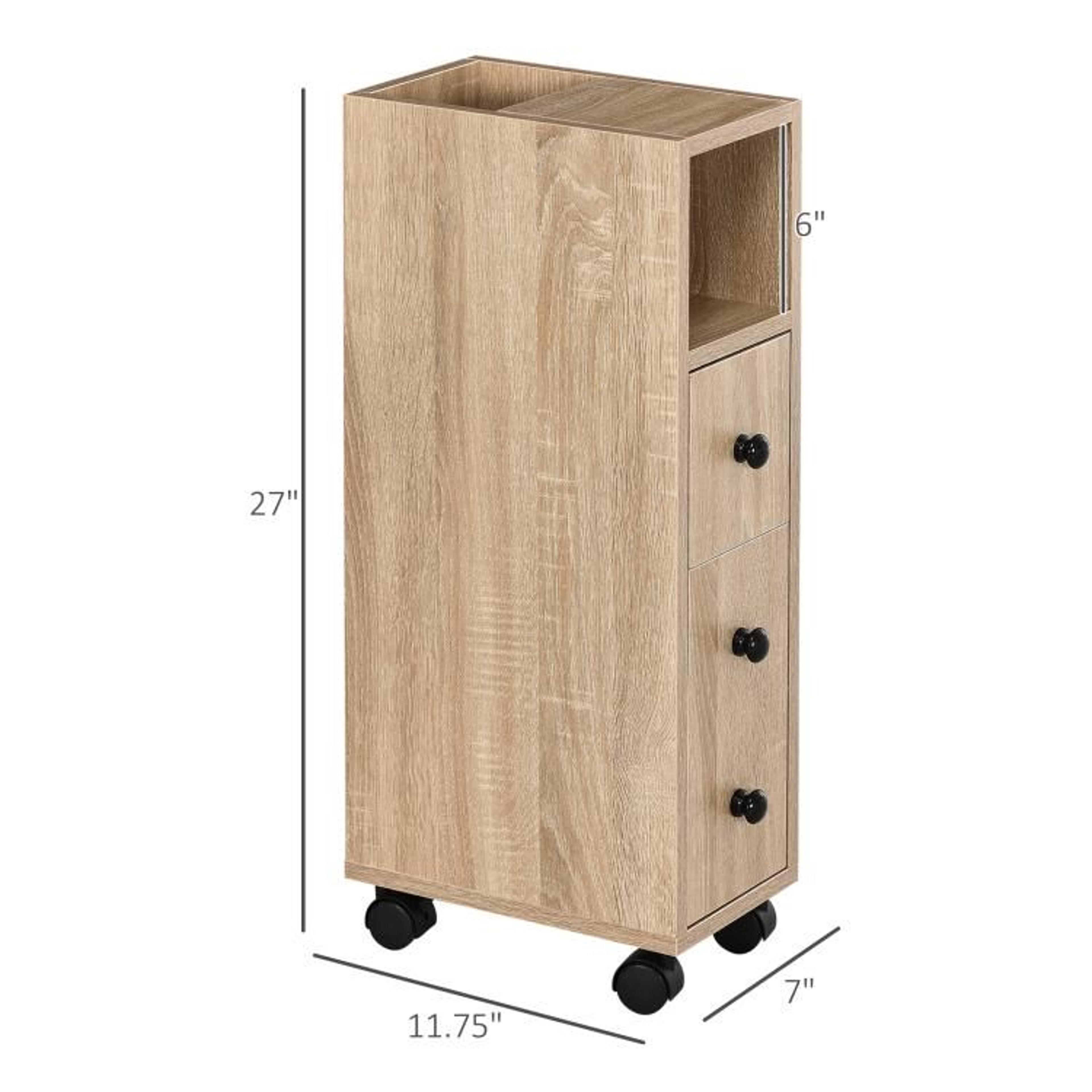Slim Rolling Bathroom Storage Cabinet With Drawer And Locking Wheels  Oak 4