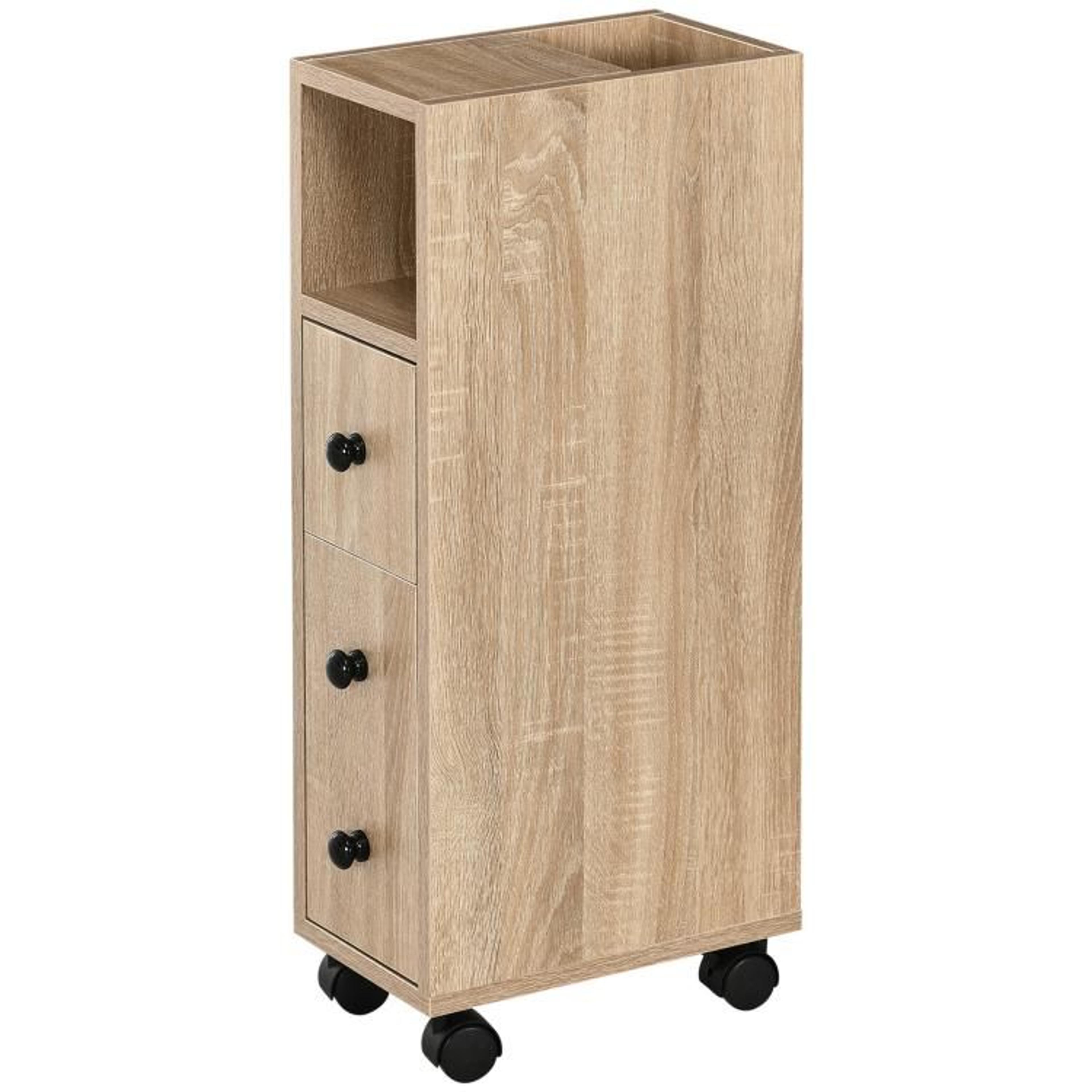 Slim Rolling Bathroom Storage Cabinet With Drawer And Locking Wheels  Oak 1