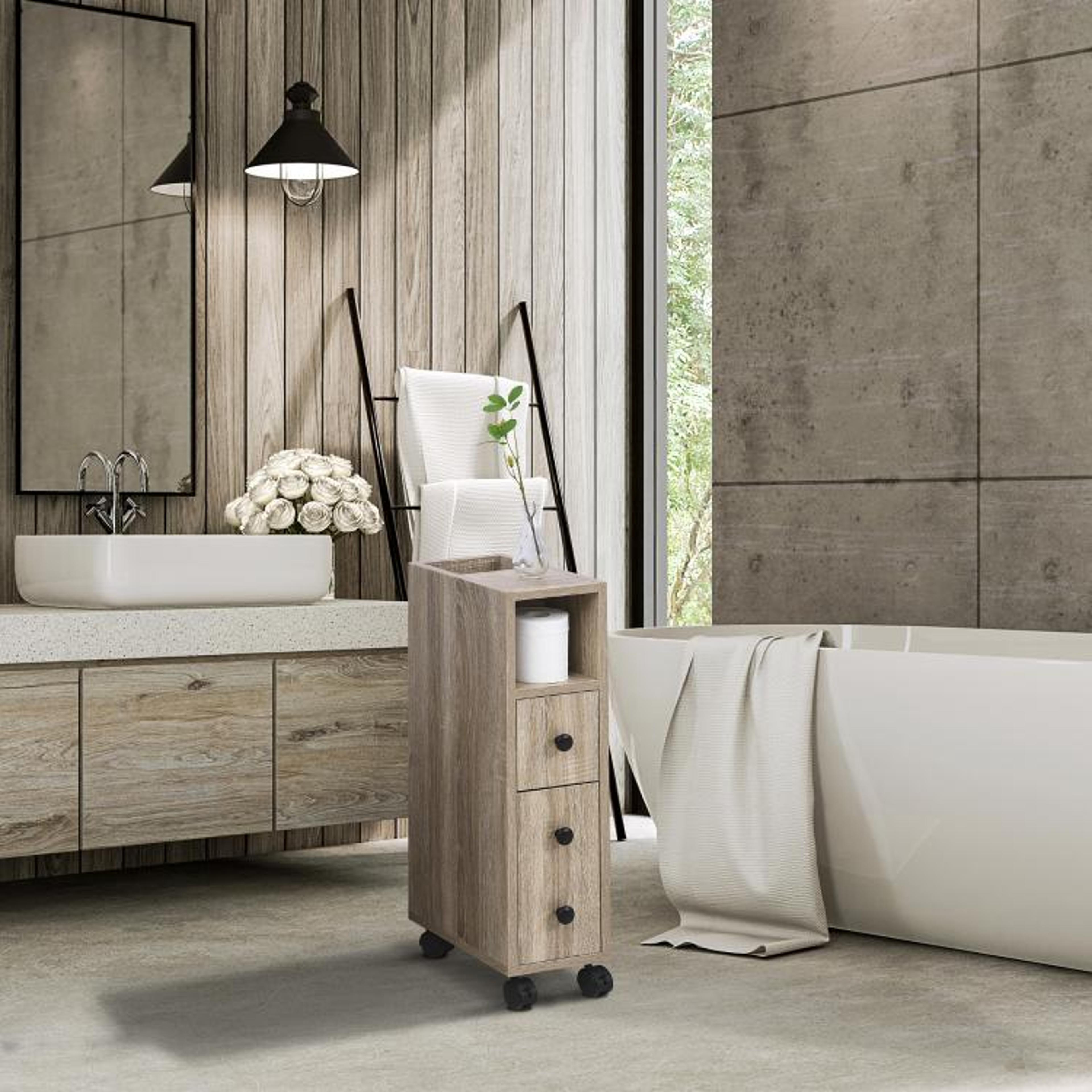 Slim Rolling Bathroom Storage Cabinet With Drawer And Locking Wheels  Oak 2