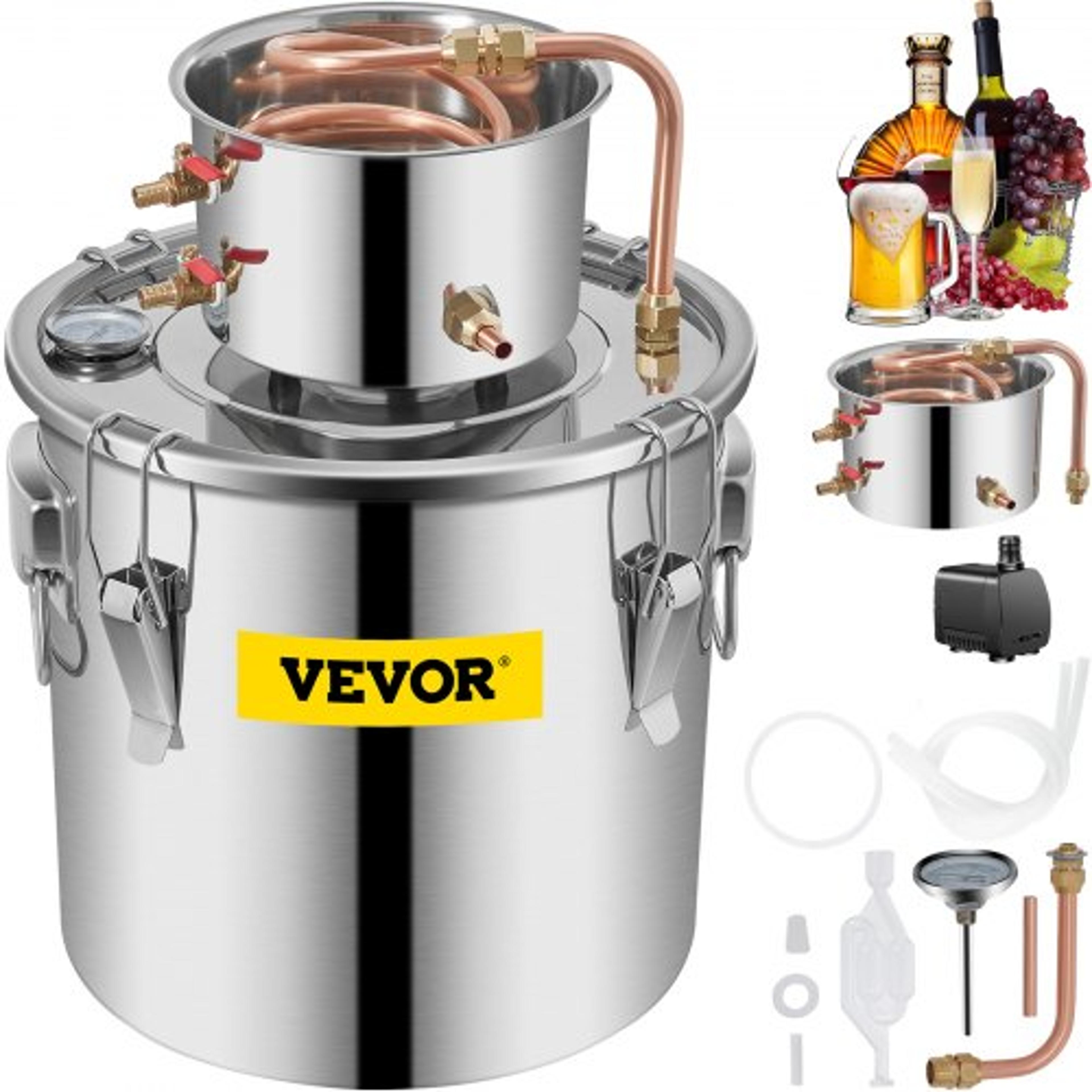 moonshine still distillery kit with circulating pump, stainless steel alcohol still with copper tube, thermometer