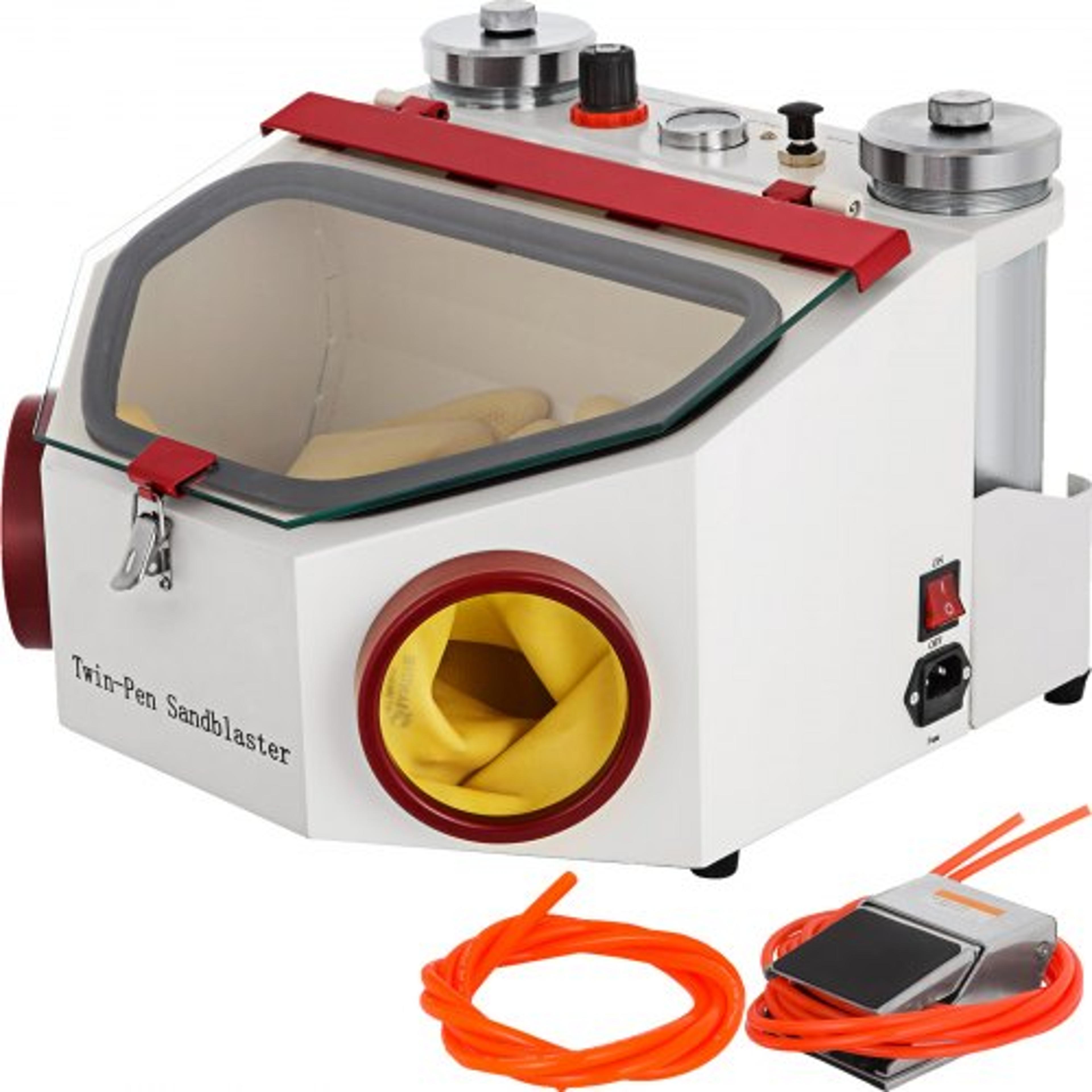 dental lab sandblaster machine, twin pen blaster with 2 tanks, led lighting & foot pedal control