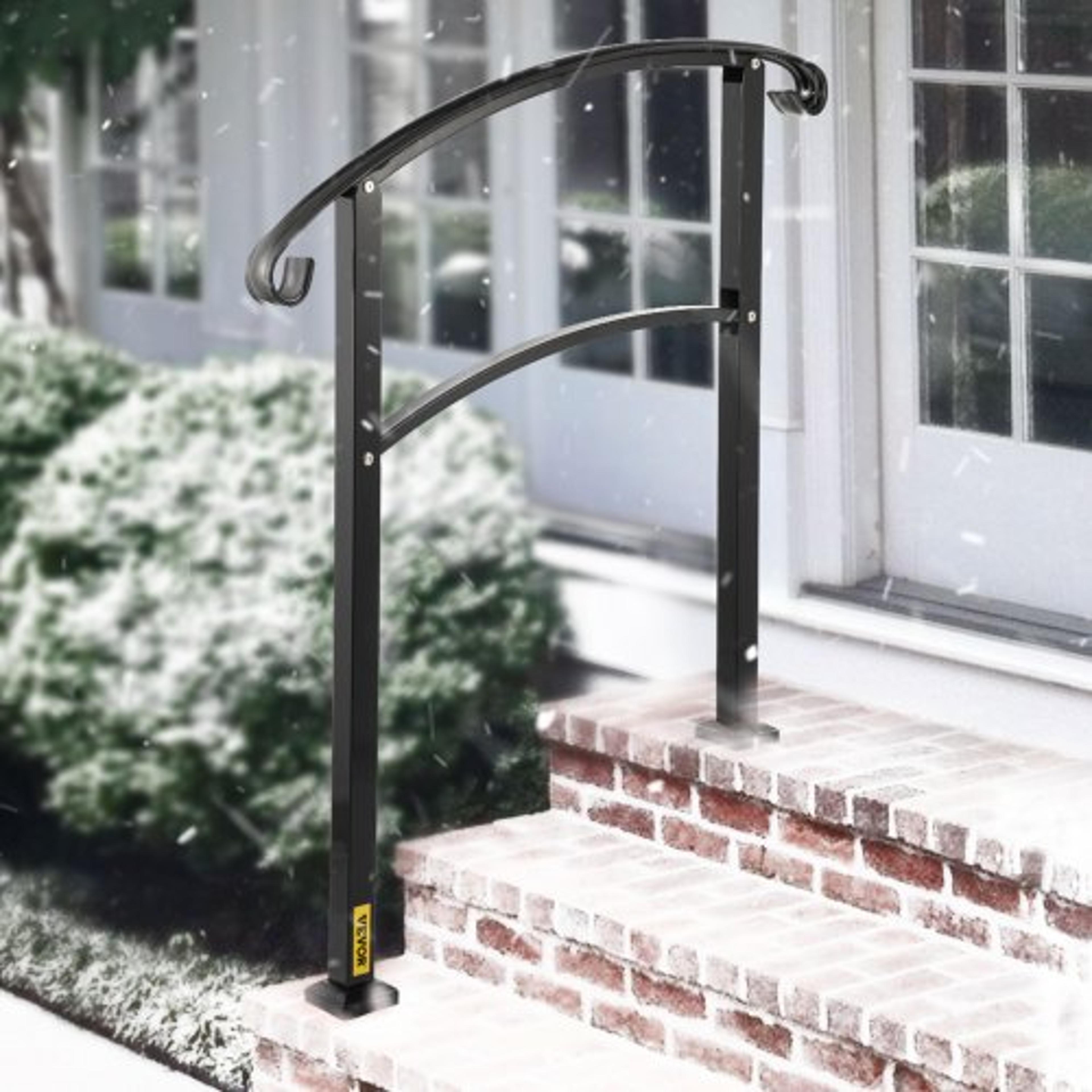 matte black wrought iron stair rail, 3-step handrail with installation kit for outdoor steps & decks