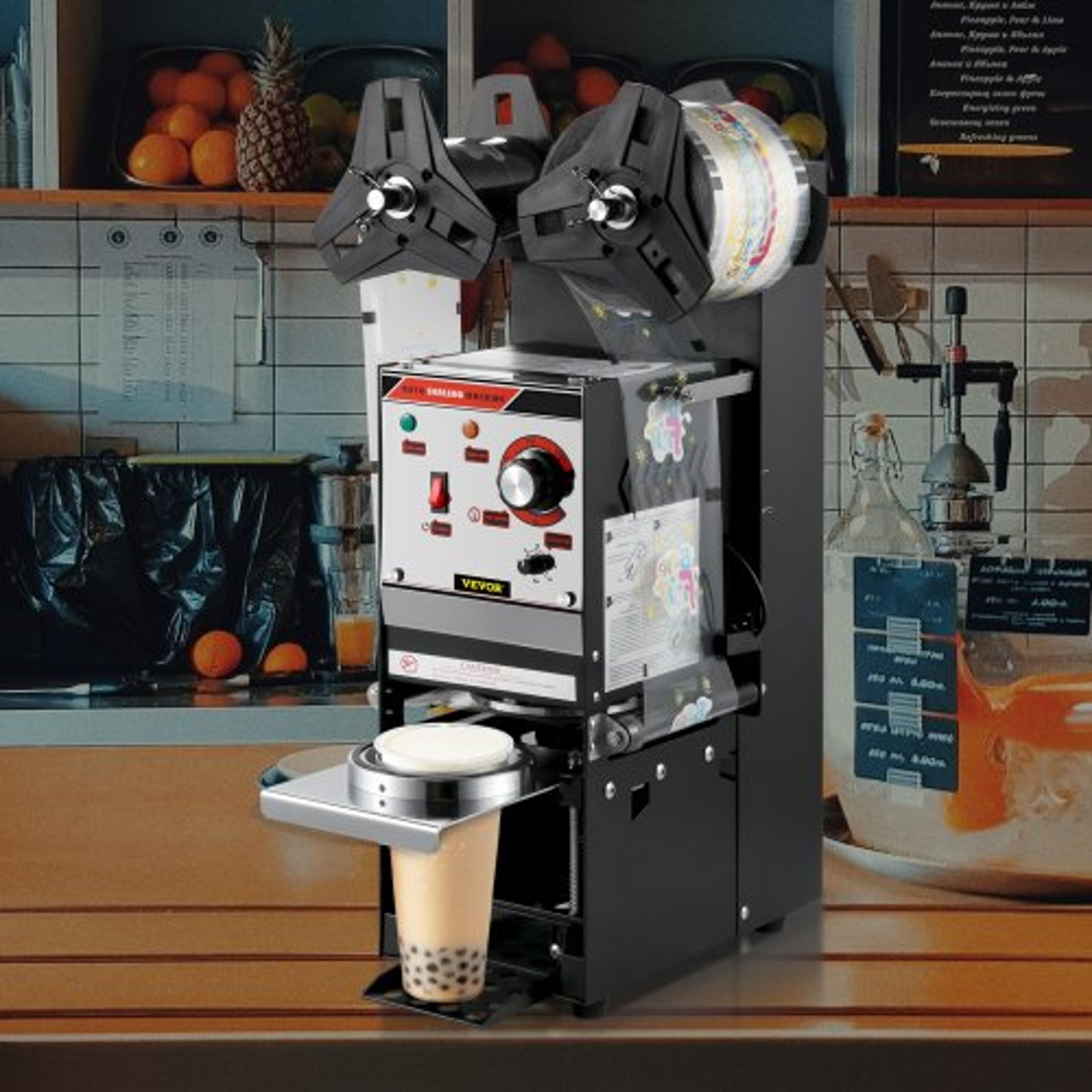 semi-automatic 300-500 cup/h tea cup sealer machine, black boba cup sealing machine for 90/95mm bubble milk tea cups