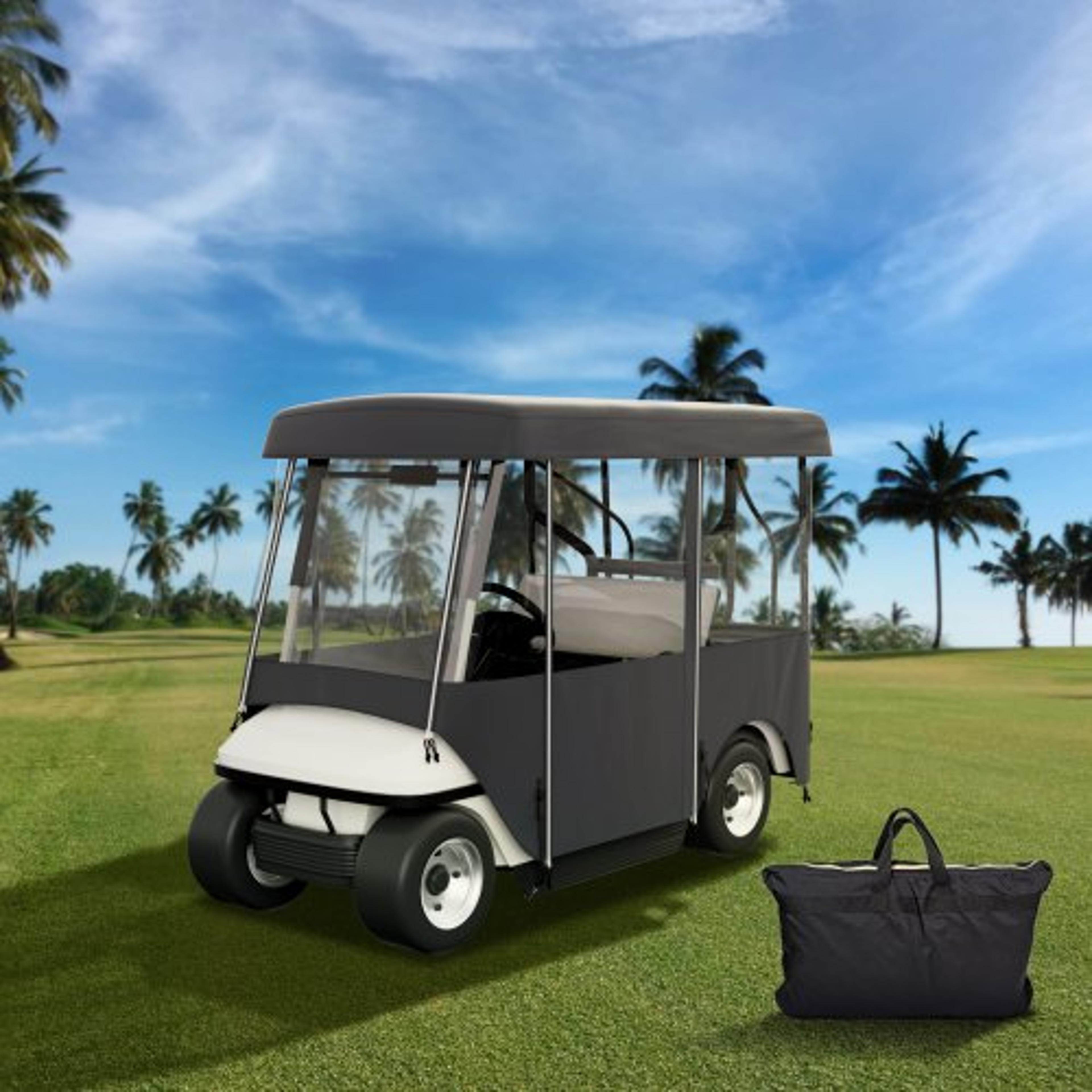 300d waterproof golf cart cover for 4-person, 4-sided fairway deluxe driving enclosure with clear pvc windows
