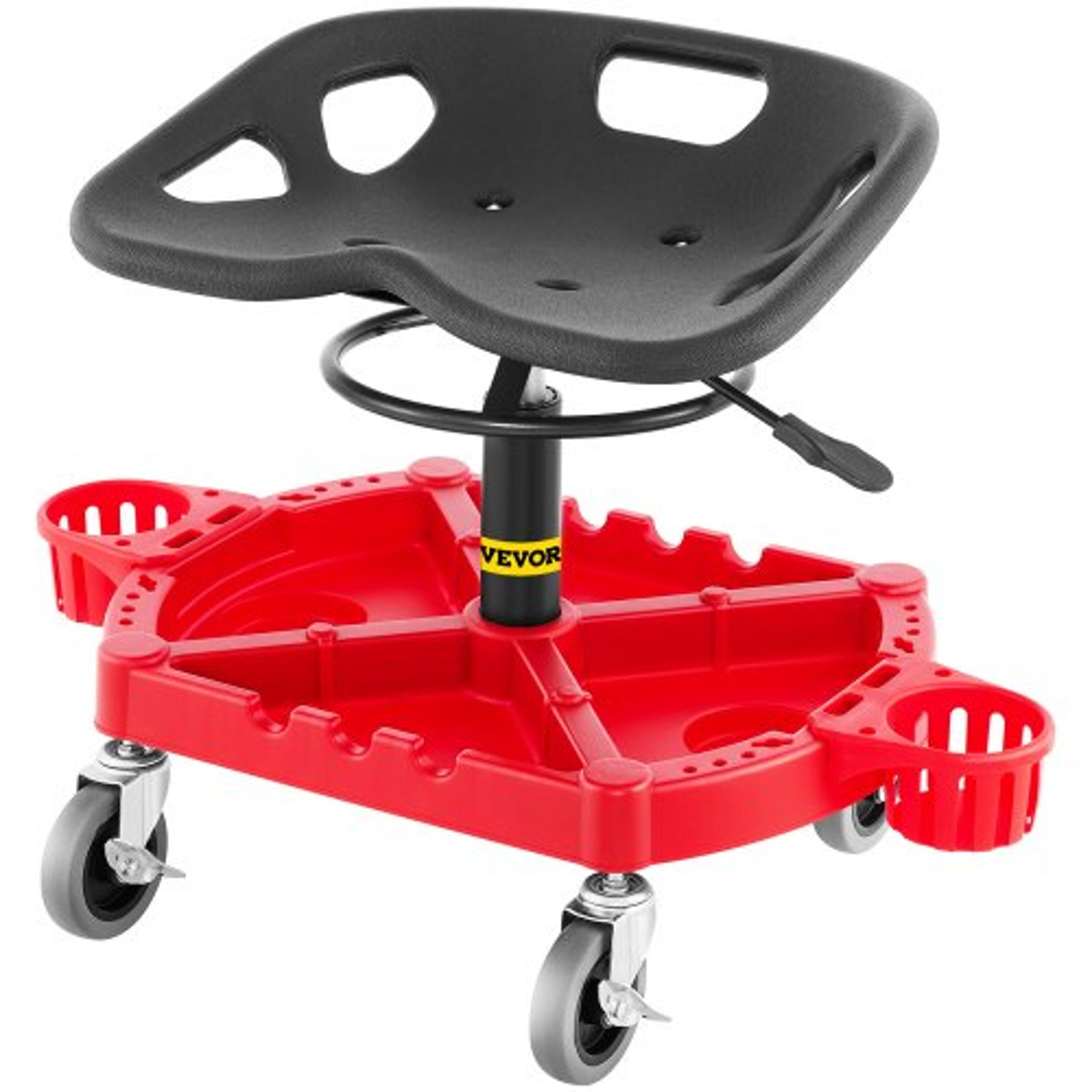 rolling garage stool, adjustable shop seat with 360-degree swivel wheels, tool tray & bottle holders, mechanic stool