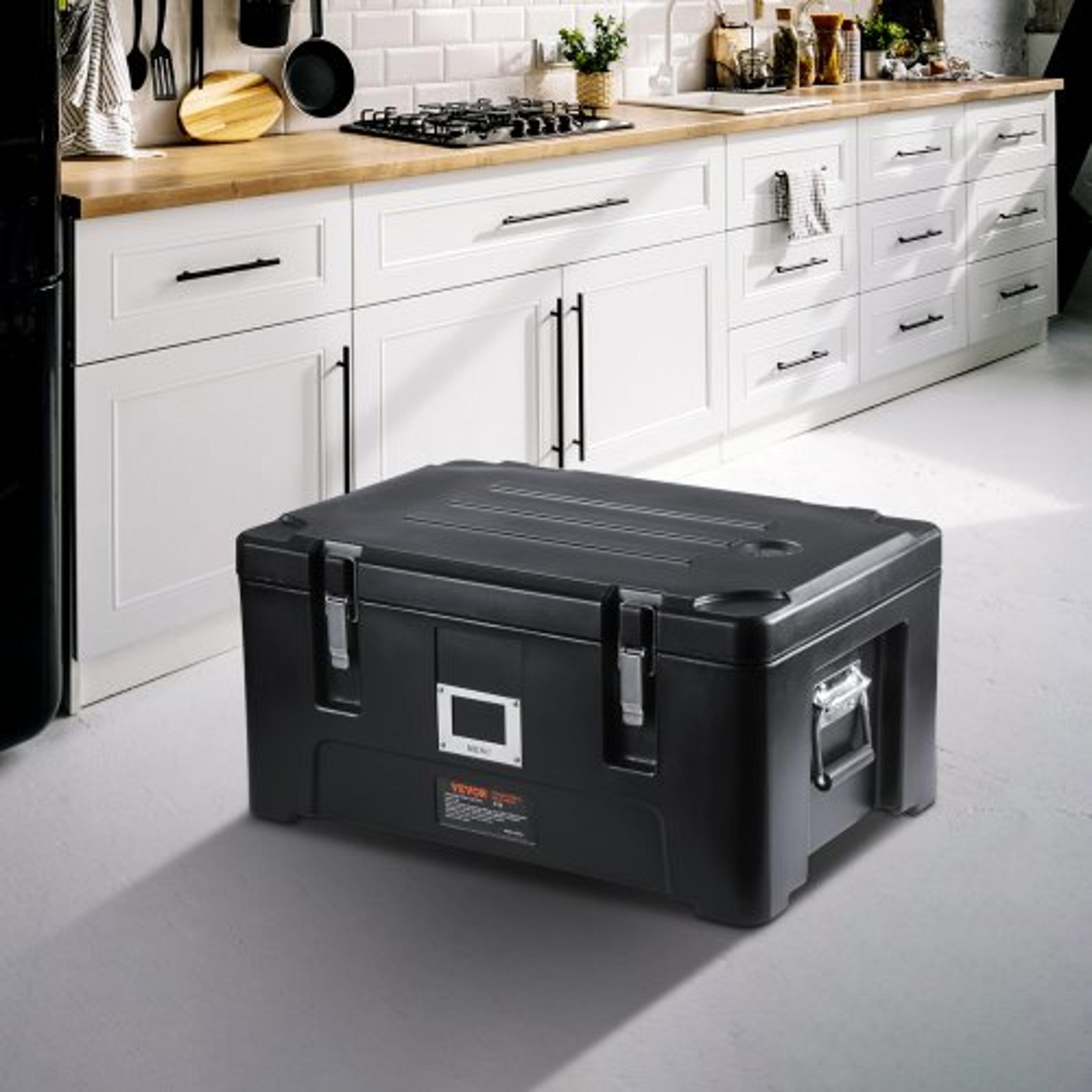 36qt stackable catering hot box with 3 stainless steel pans, top load lldpe food warmer w/elastic handles