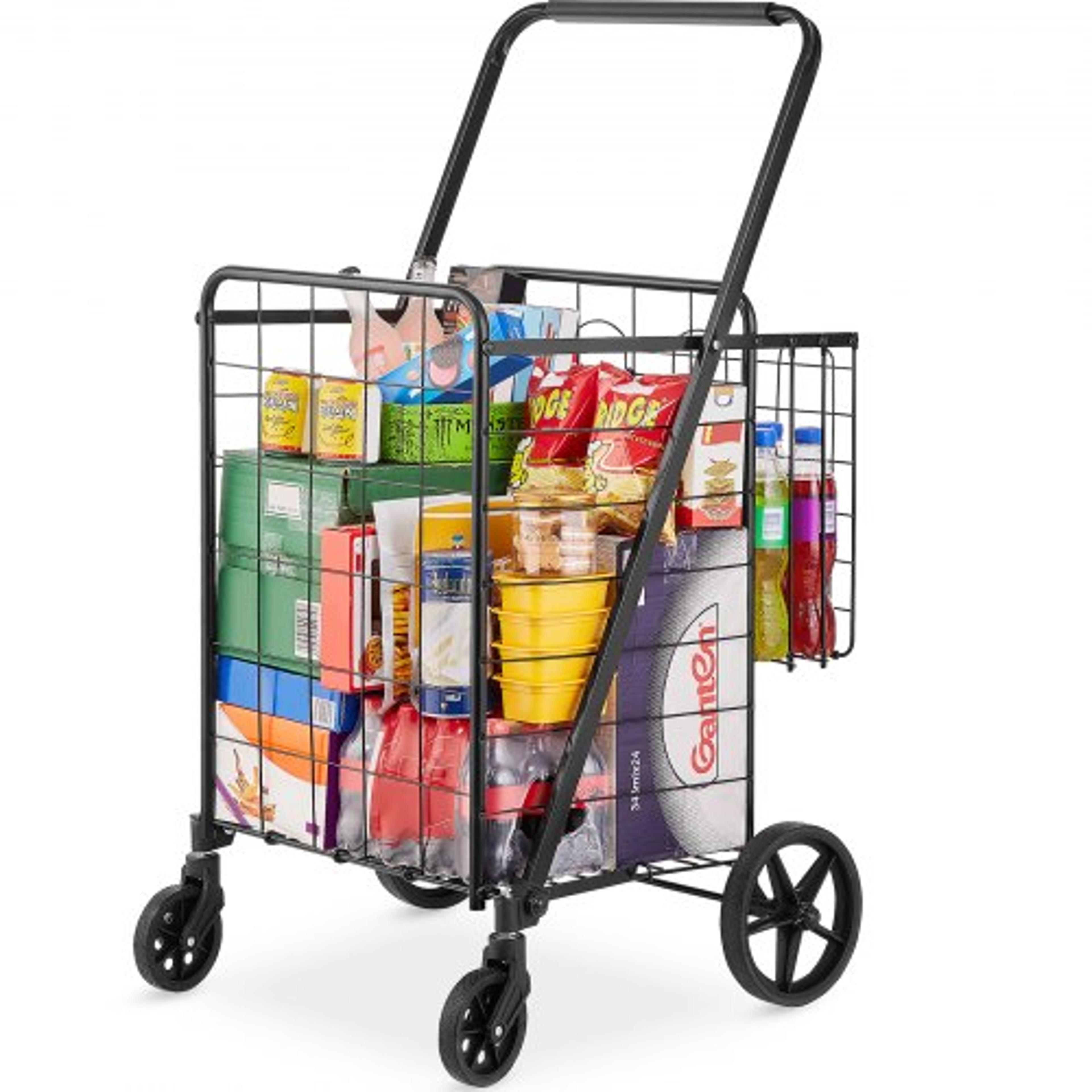 heavy duty folding shopping cart with double baskets & wheels