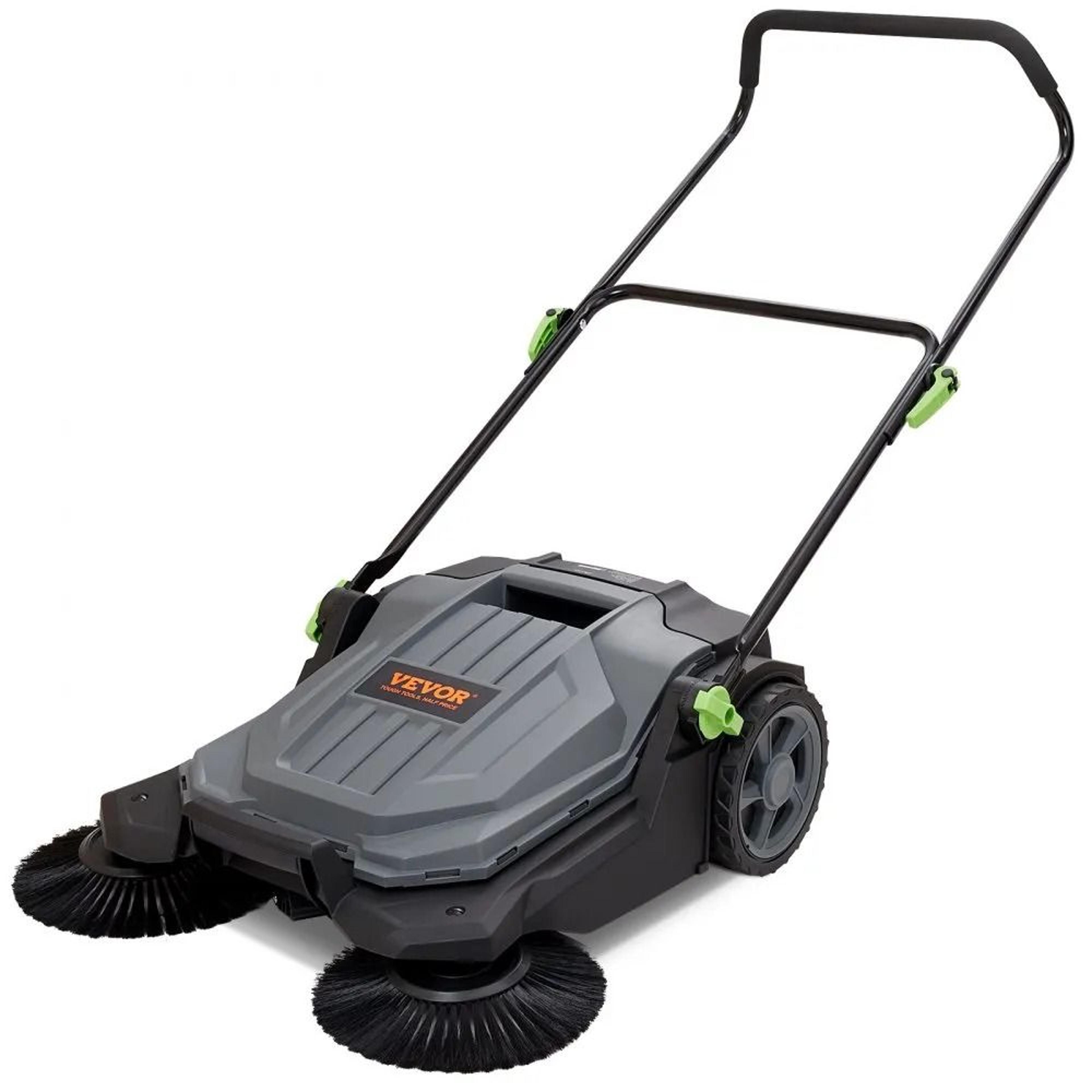 manual walk-behind floor sweeper, sweeping width, non-electric hand push, gallon waste container, adjustable fold handle