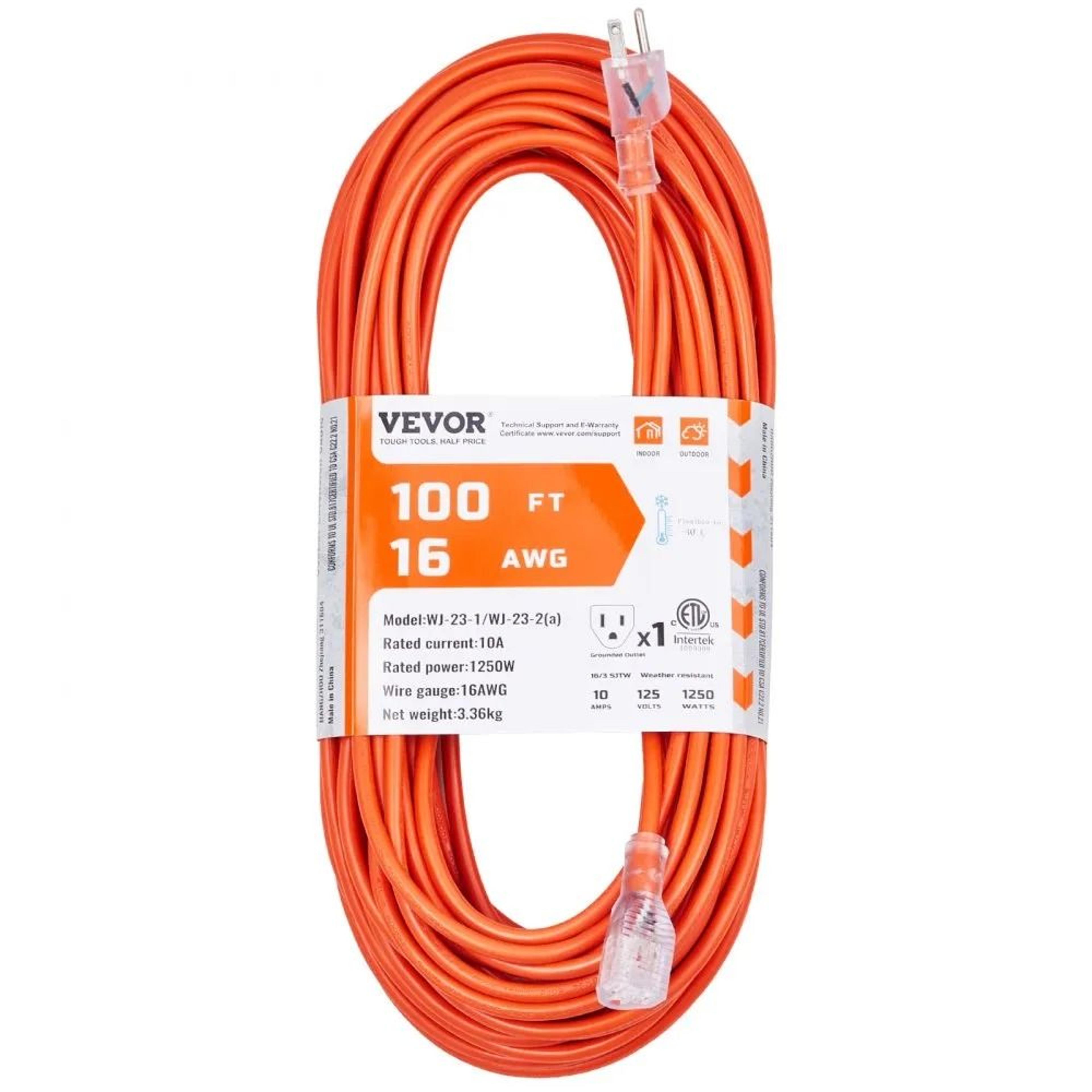 heavy duty extension cord, , prongs appliance cord with lighted end, flexible and cold-resistant for indoor outdoor